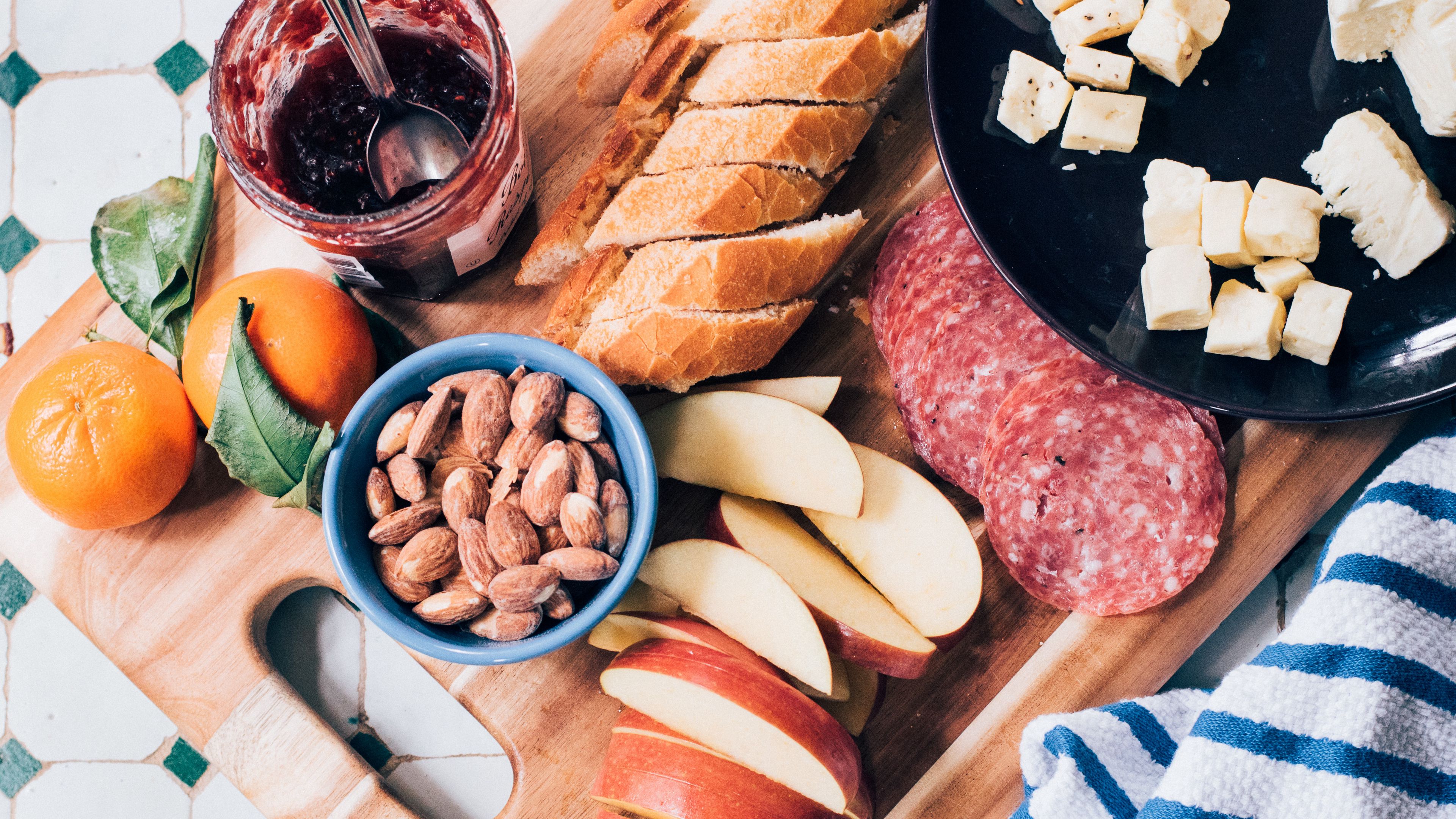 almonds, apples, sausage, jam, breakfast, 4k, HD Wallpaper