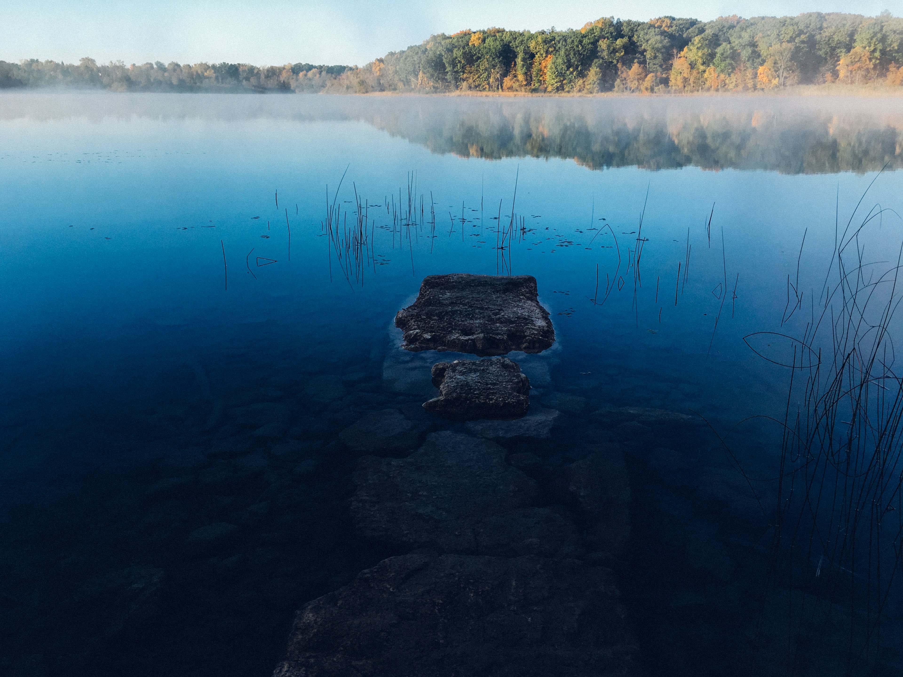 lake stone rock and reflection 4k, HD Wallpaper