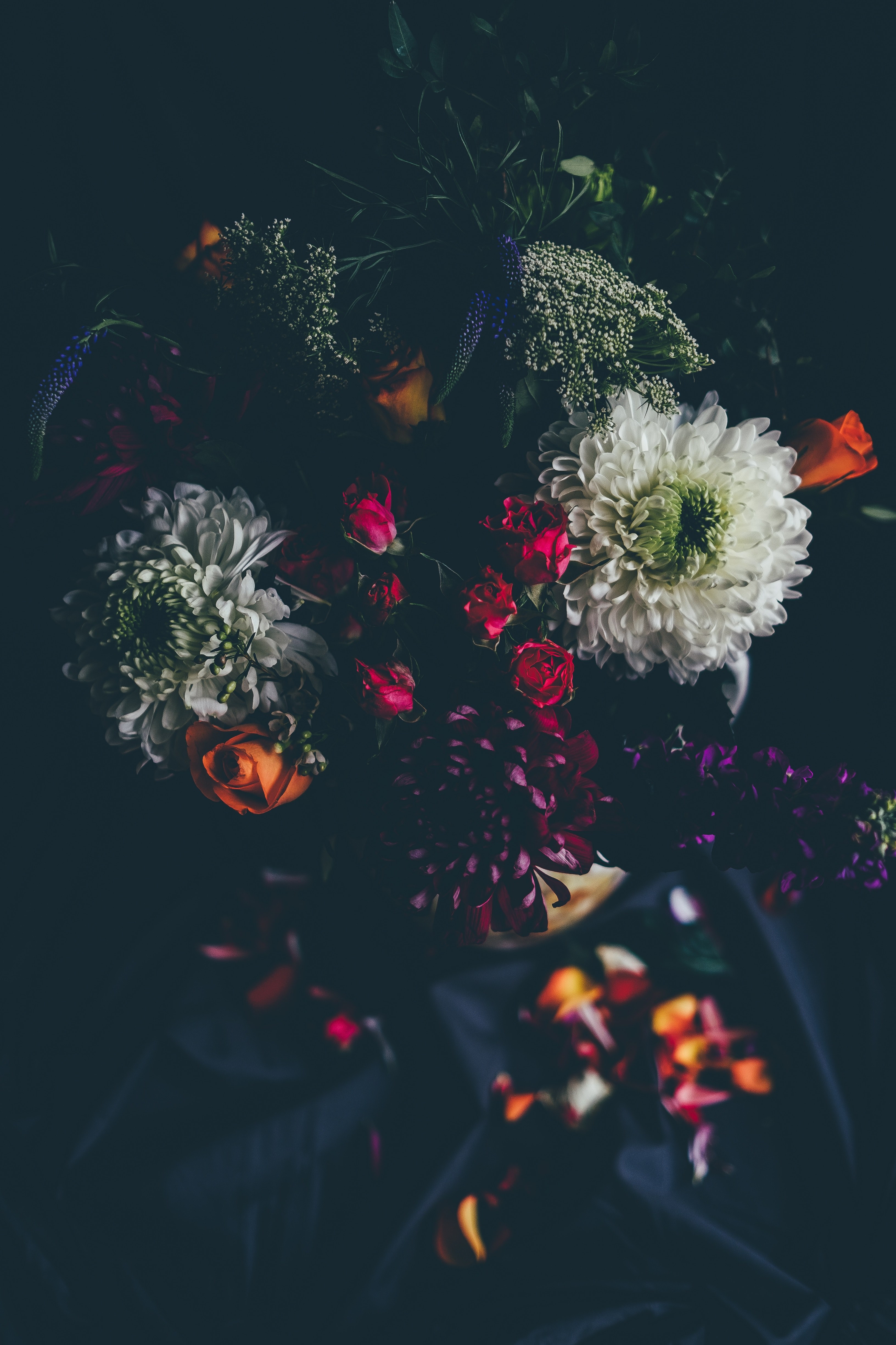 a dim shot of dahlias and roses among other flowers in a colorful bouquet, 4k, Phone HD Wallpaper