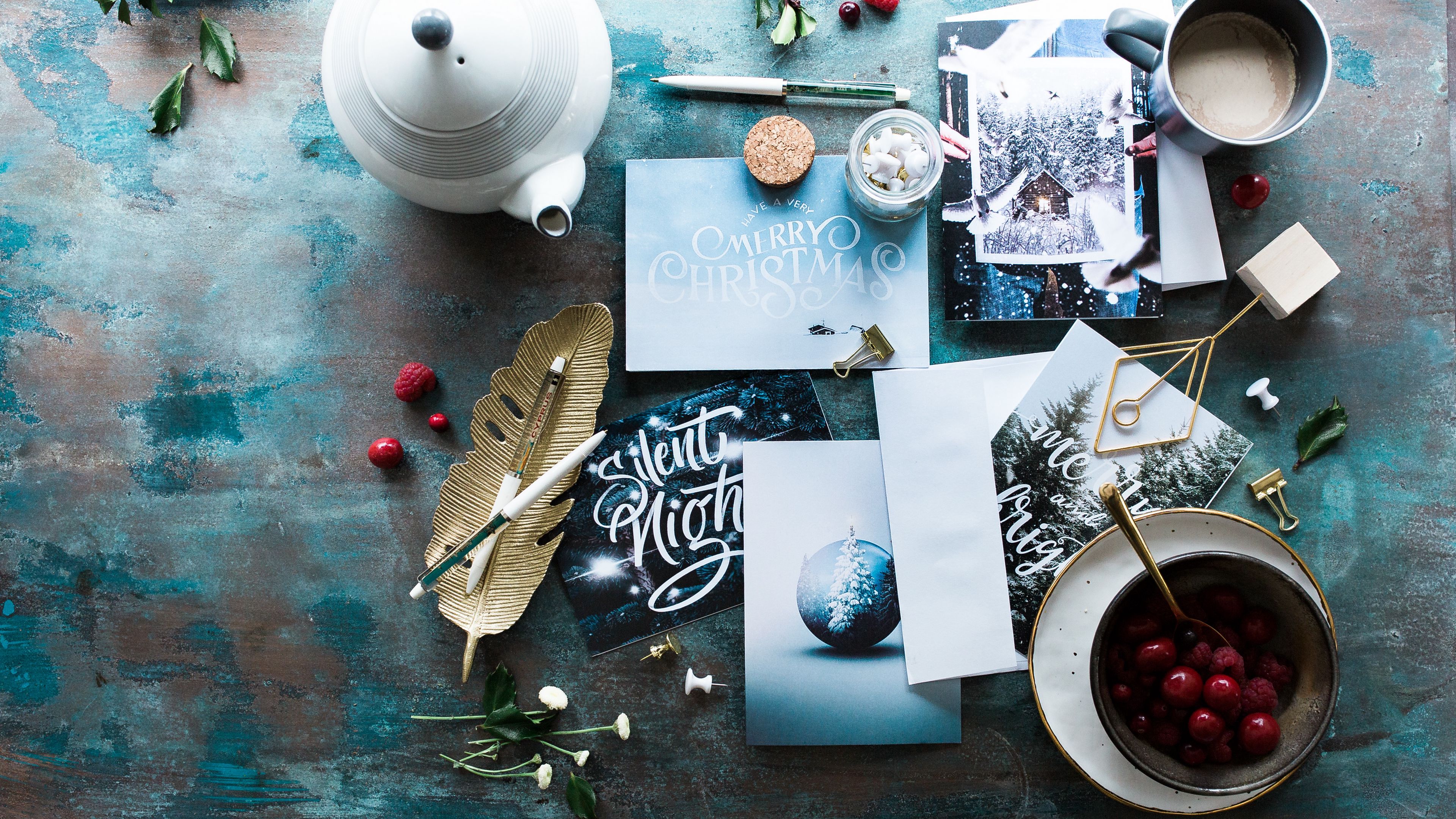 postcards, christmas, berries, tea party, 4k, HD Wallpaper