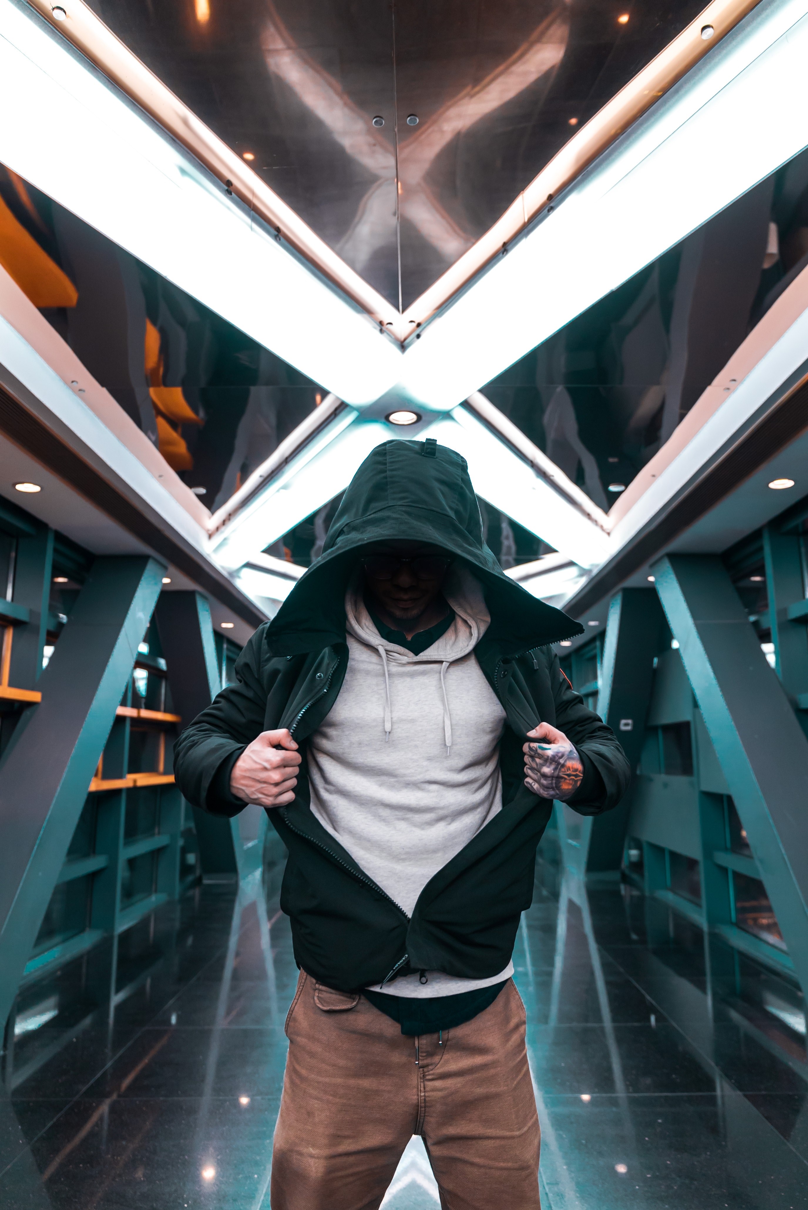 man male hoodie and building hd, 4k, Phone HD Wallpaper