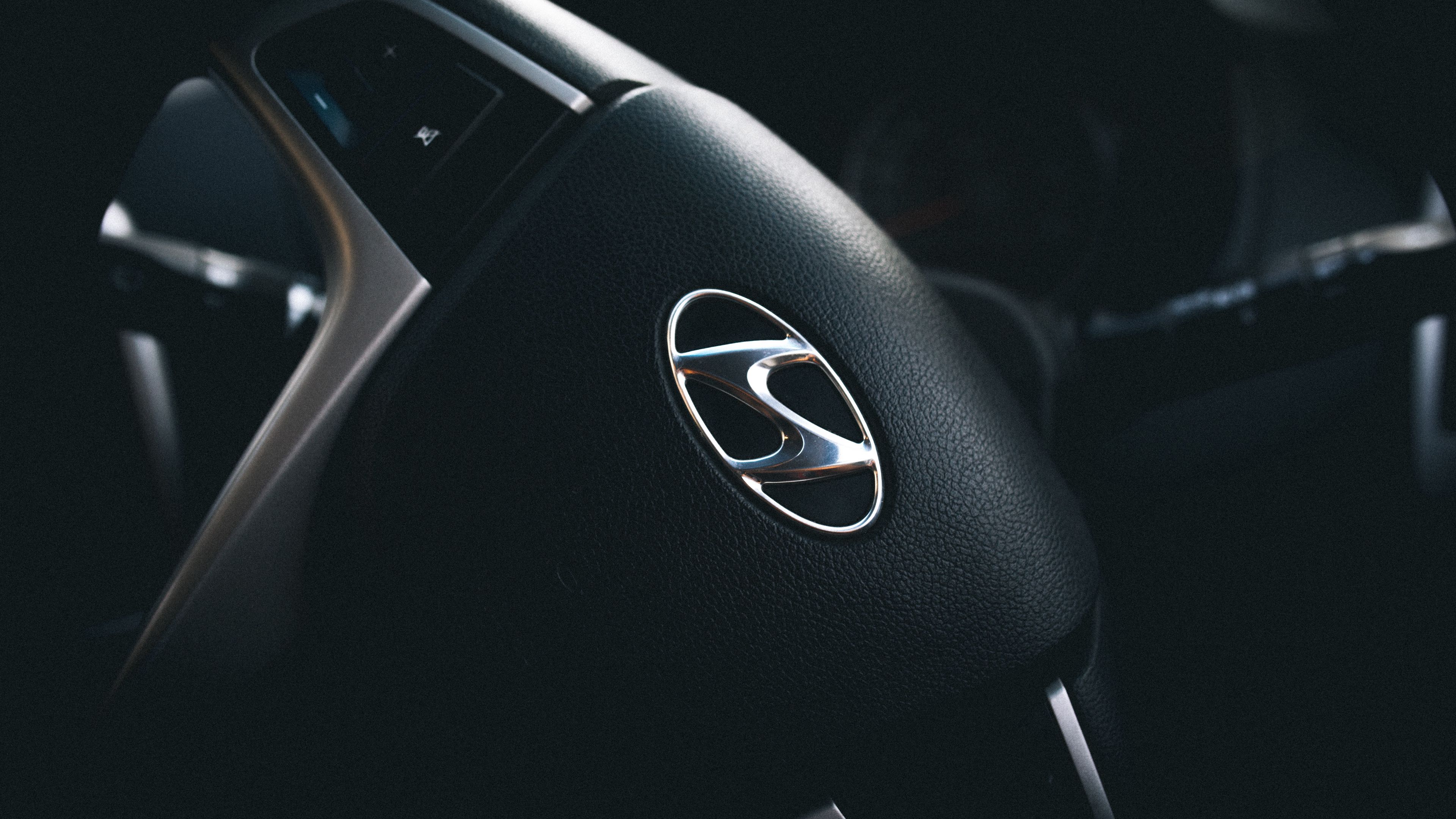 hyundai, steering wheel, logo, 4k, HD Wallpaper