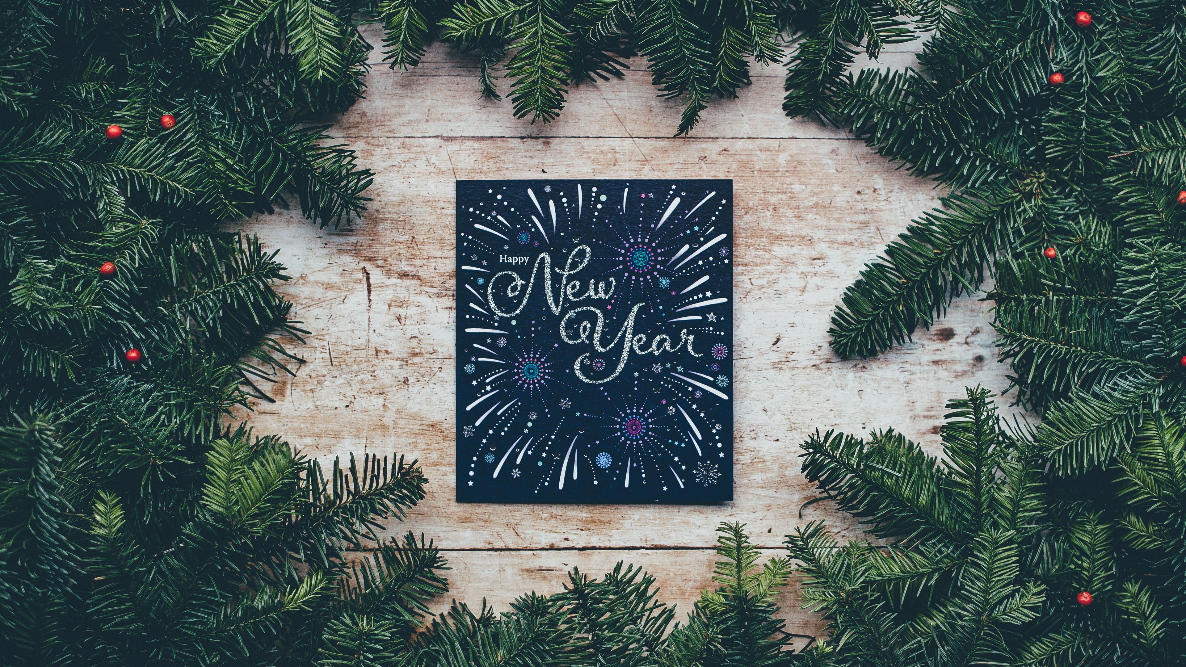 new year, postcard, branches, spruce, 4k, HD Wallpaper