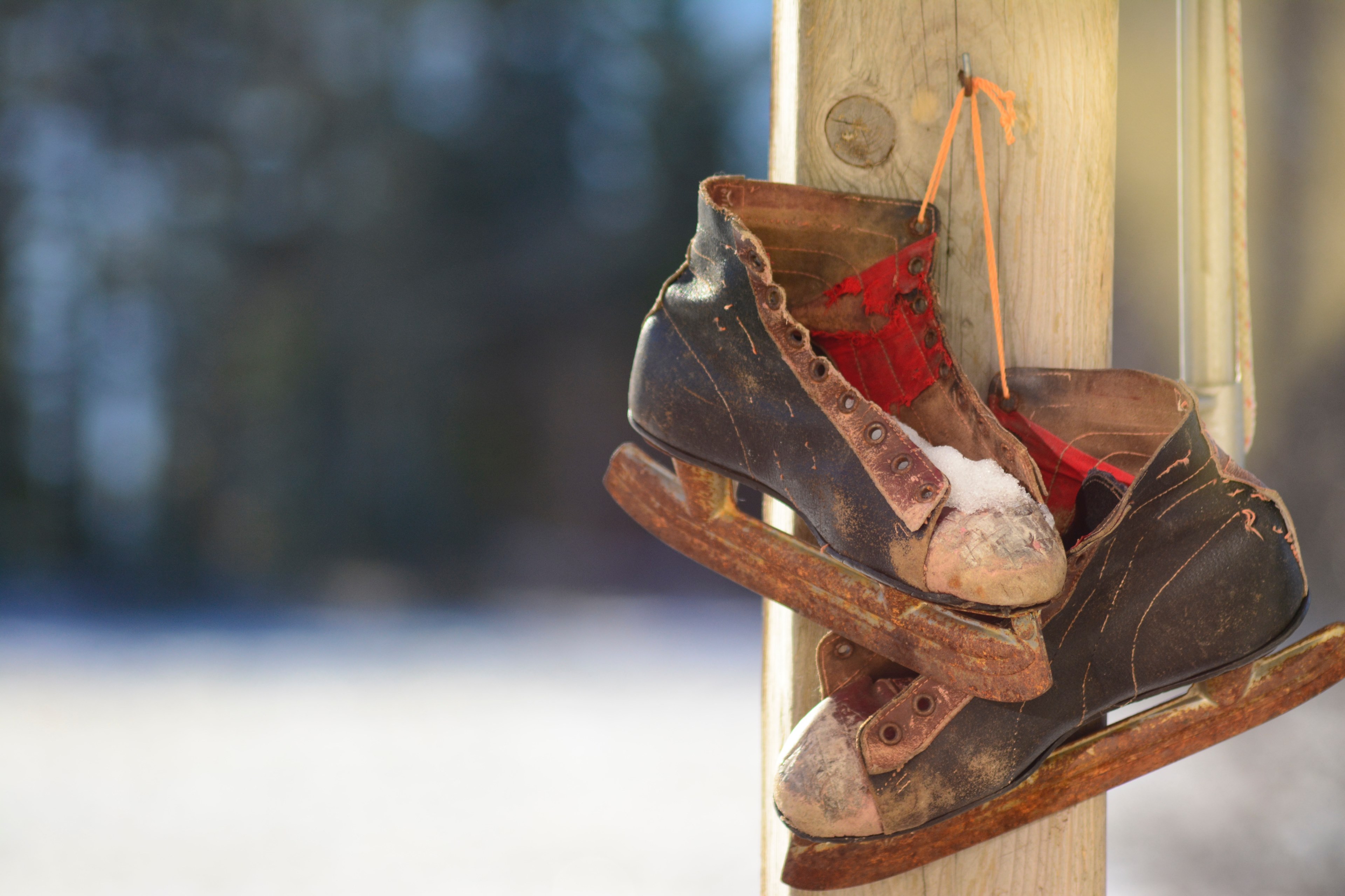an old small sized ice skating shoe with wooden skates under it in whitney, _small ice skates from the 50s 4k, HD Wallpaper