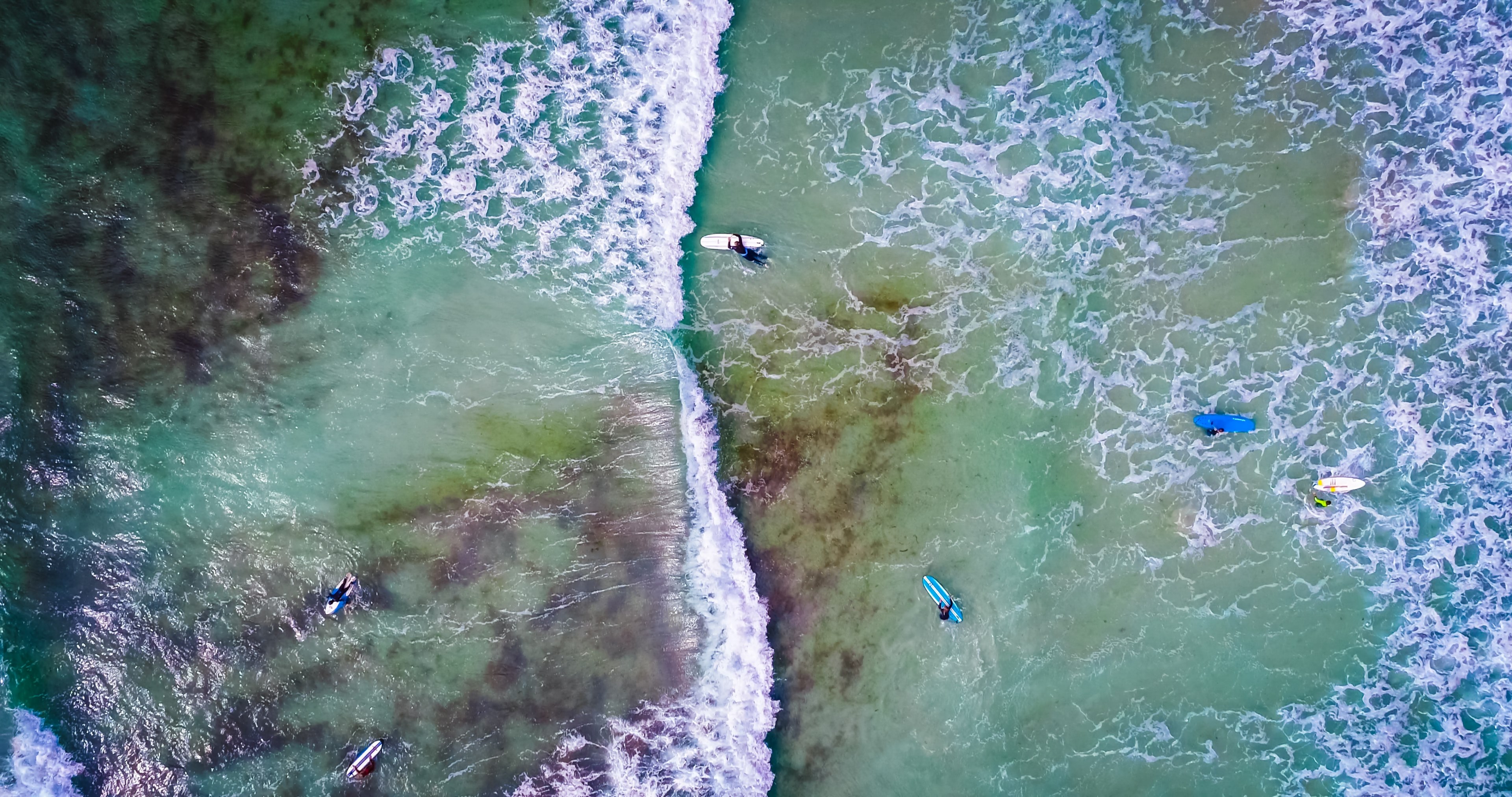 an aerial drone overhead shot of surfers in the sea at guernsey surf school with crystal clear waters beneath, surfing on vazon beach guernsey 4k, HD Wallpaper