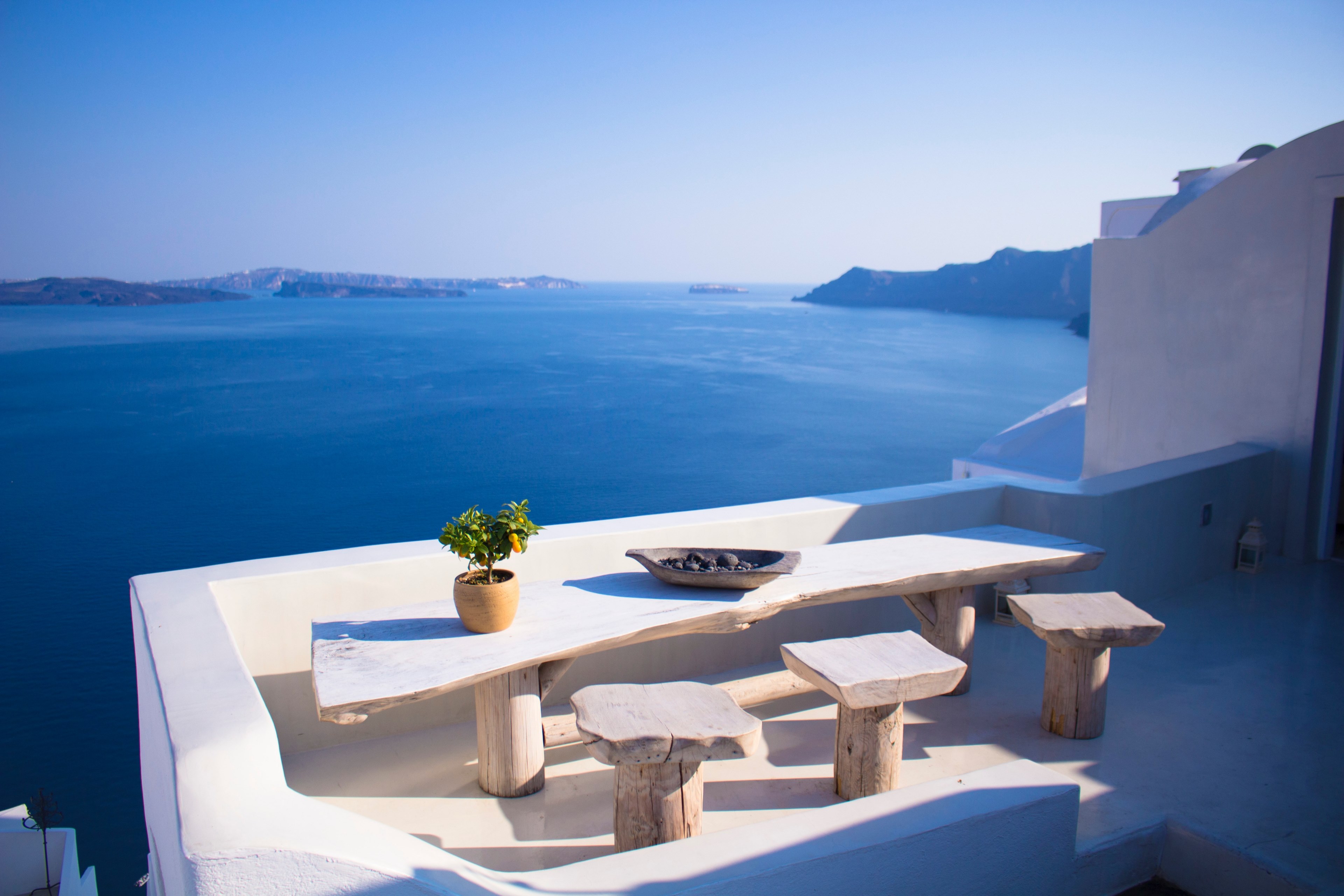 very greek table and view 4k, HD Wallpaper