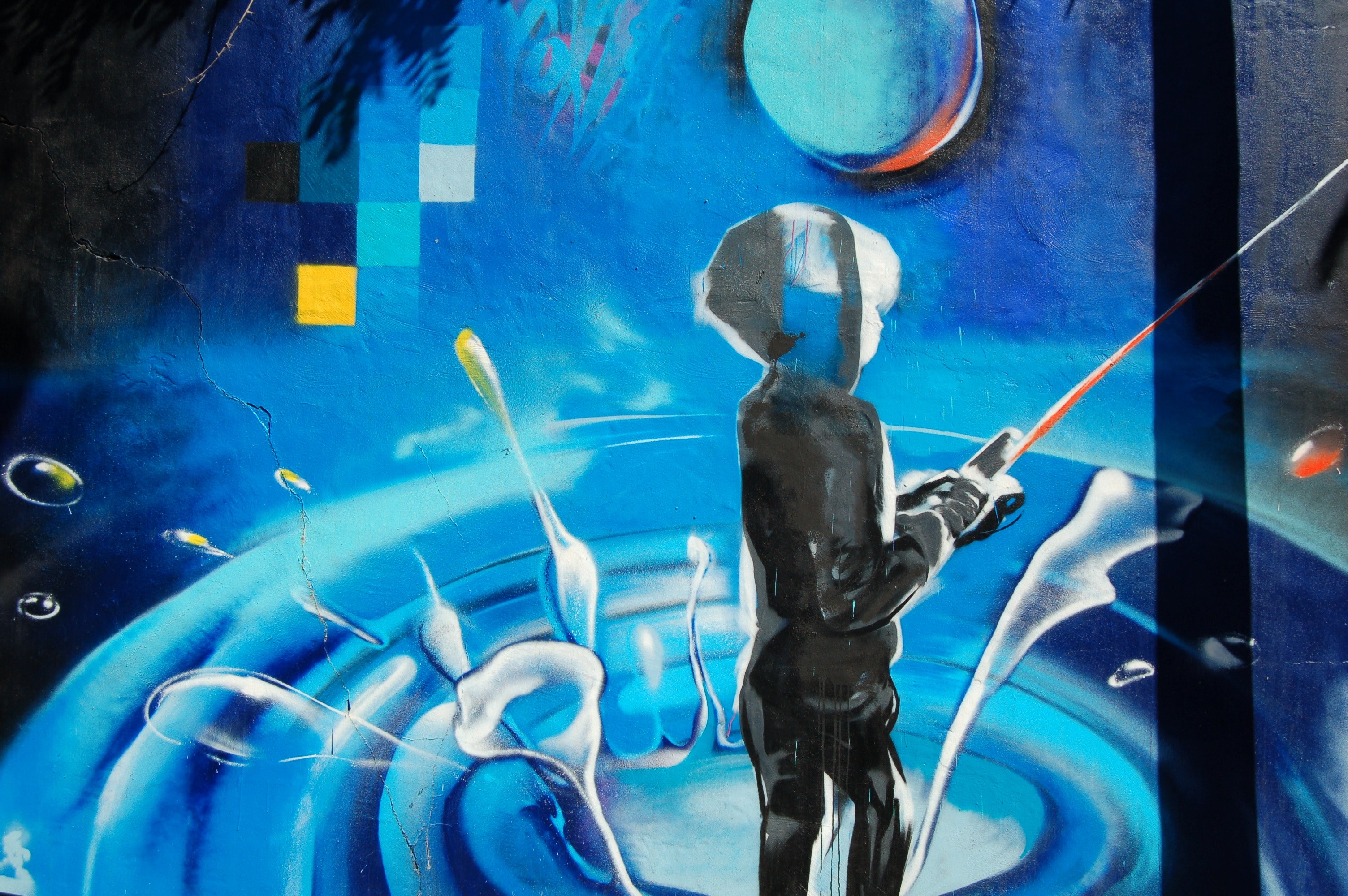 a wall mural of a person in a hooded jacket standing in water fishing, _blue wall mural person fishing 4k, HD Wallpaper