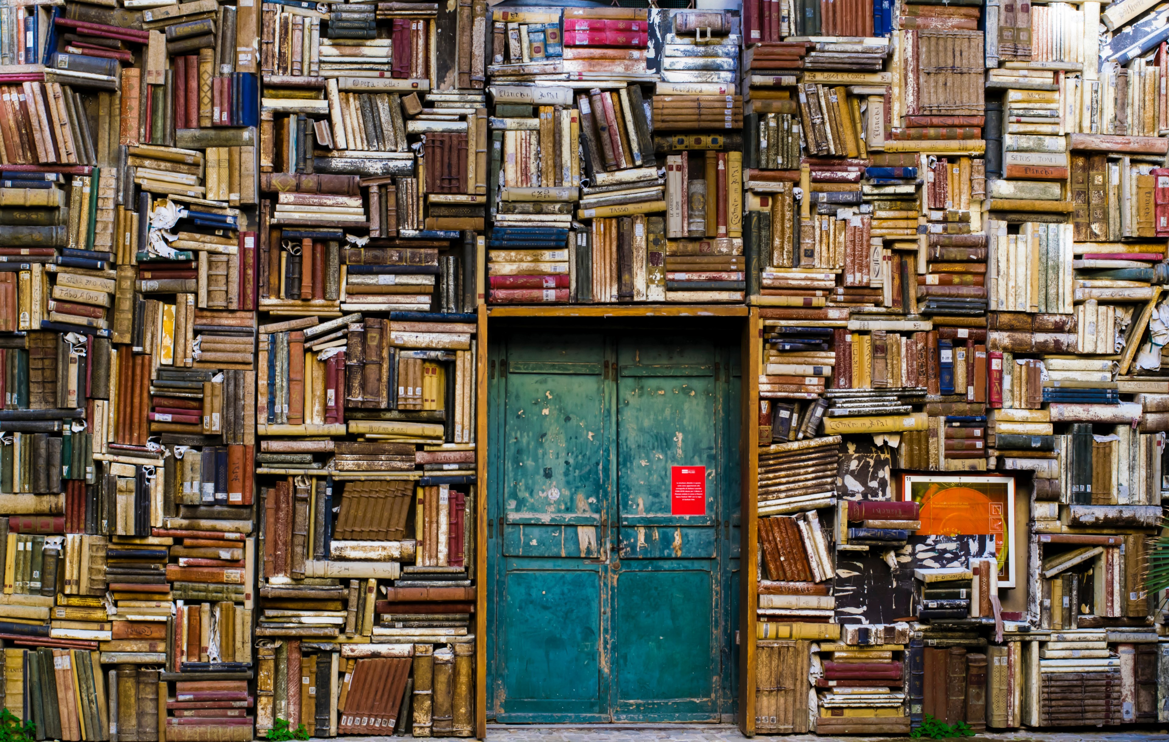 a large number of books covering the walls of a room with an old double door, book covered walls 4k, HD Wallpaper
