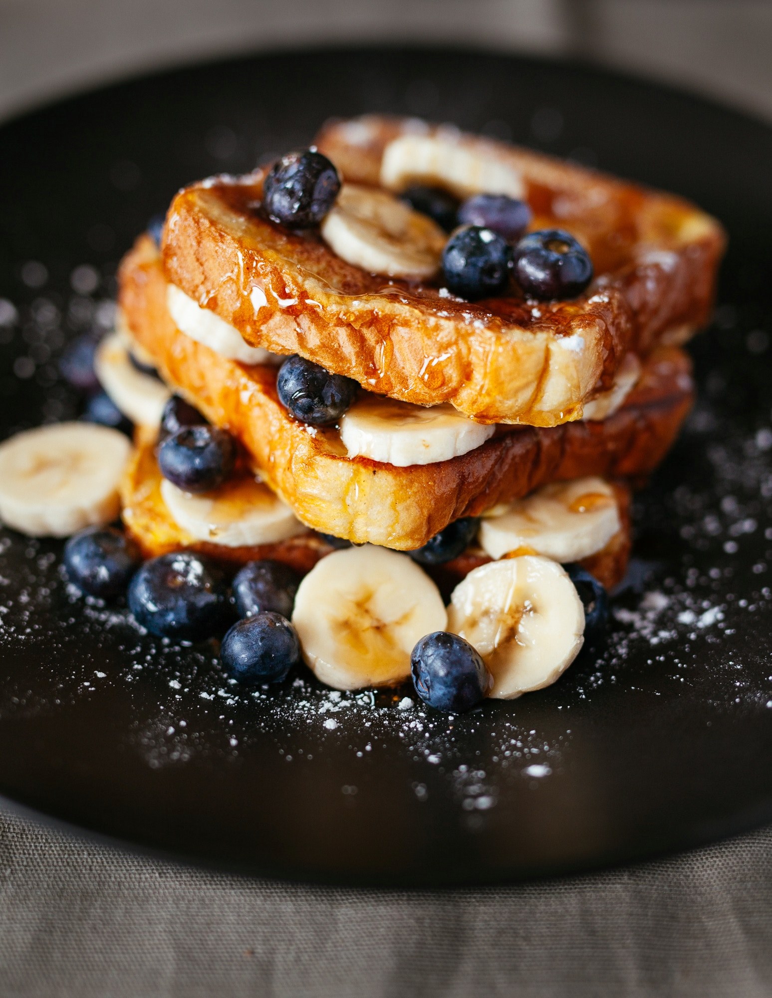 sweet french toast with syrup bananas and blueberries for breakfast, breakfast 4k, Phone HD Wallpaper