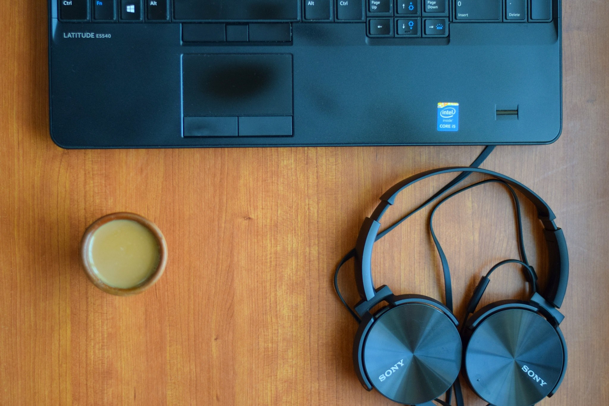headphone tea laptop and desk 4k, HD Wallpaper