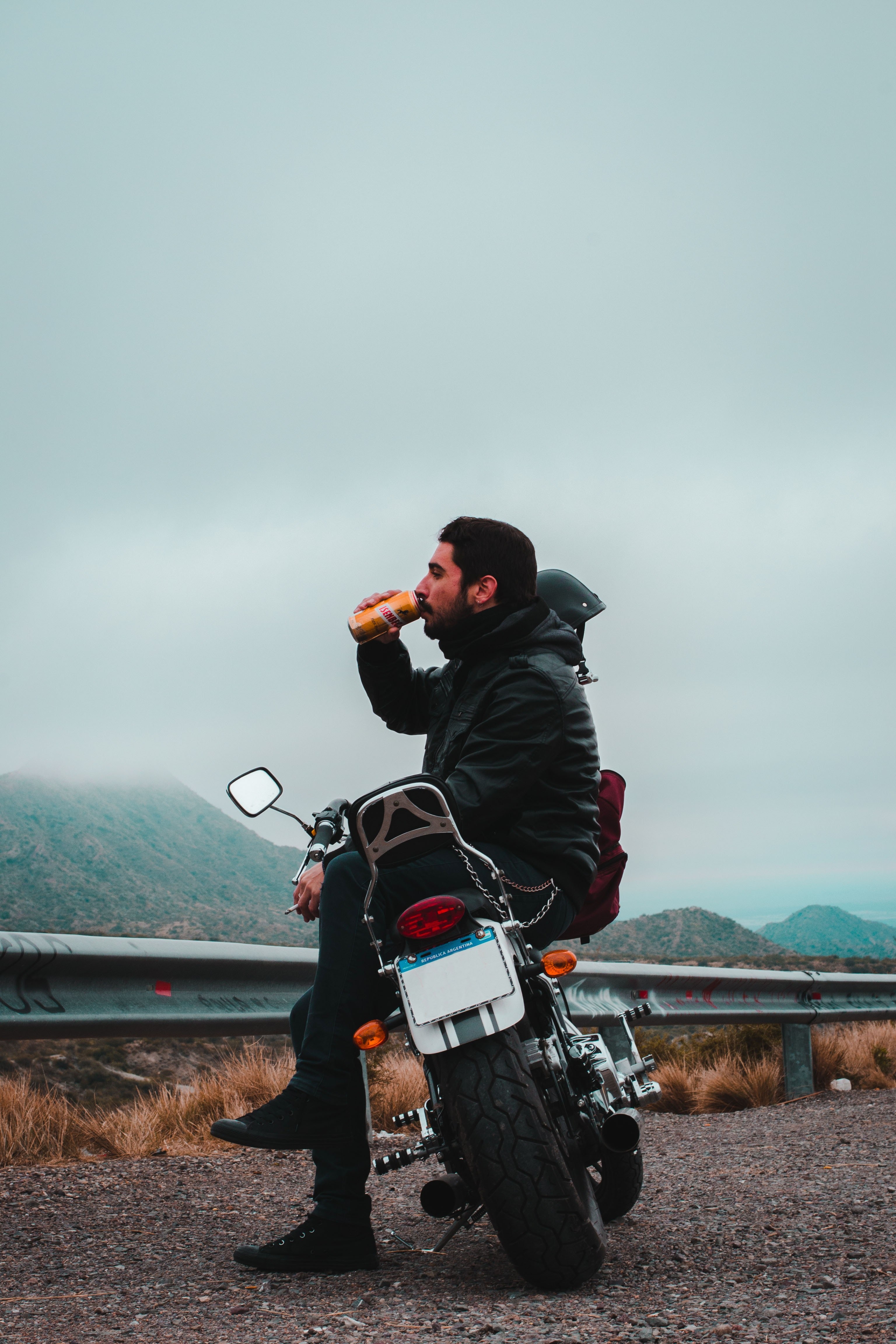 man in leather jacket drinking and sitting on motorcycle, a moment and a return 4k, Phone HD Wallpaper