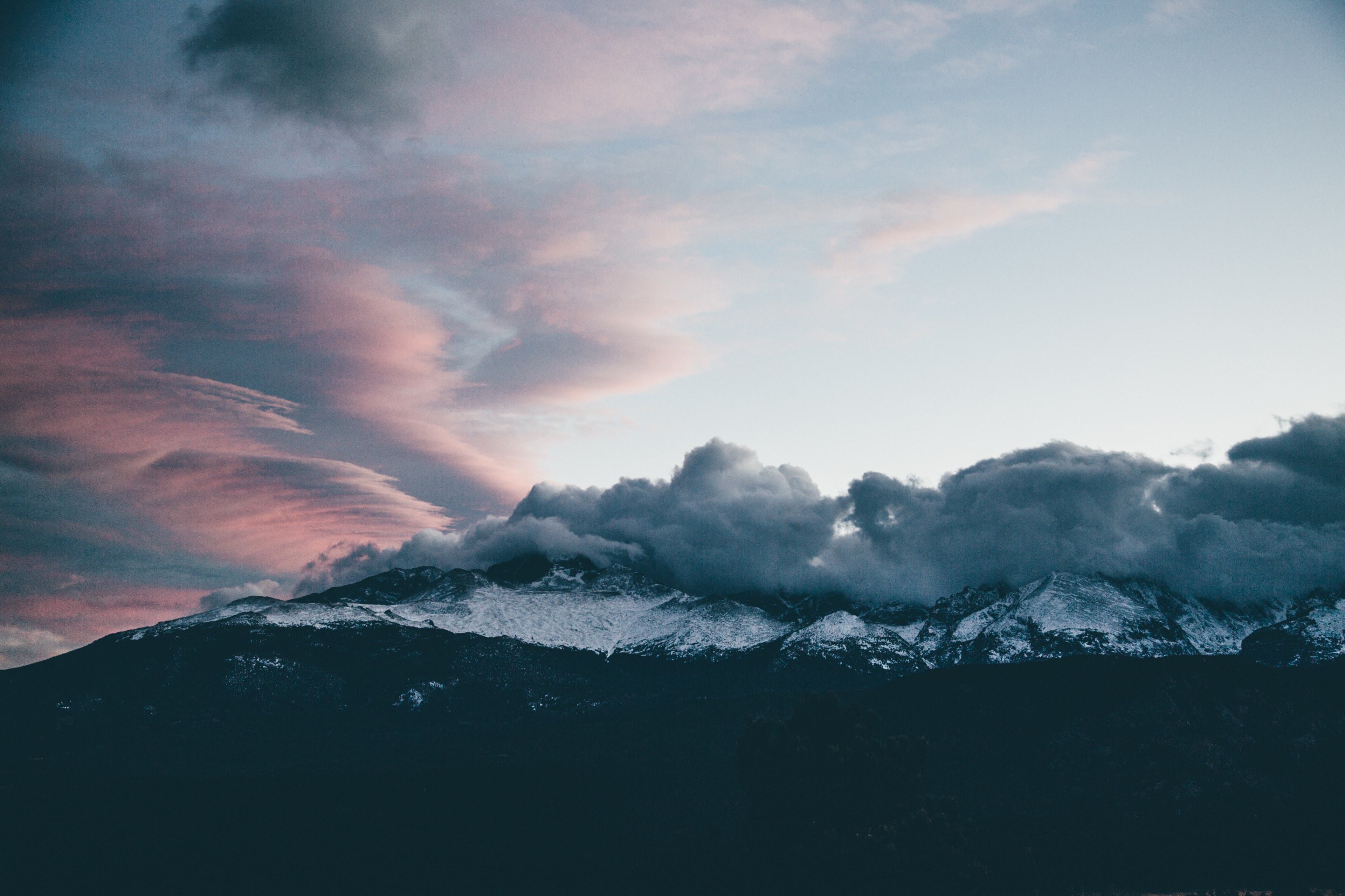 snowcapped mountains covered in clouds during sunset or sunrise, snowcapped mountains 4k, HD Wallpaper