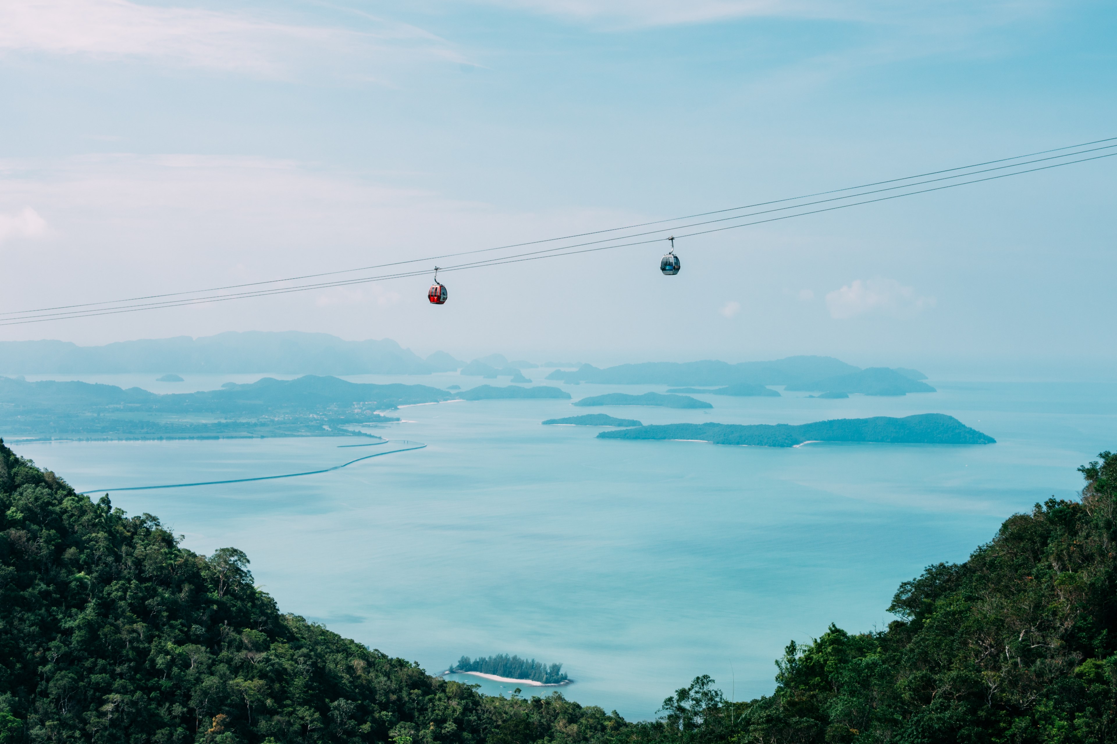 two tram cars approaching each other traveling over a mountain, two tram cars 4k, HD Wallpaper