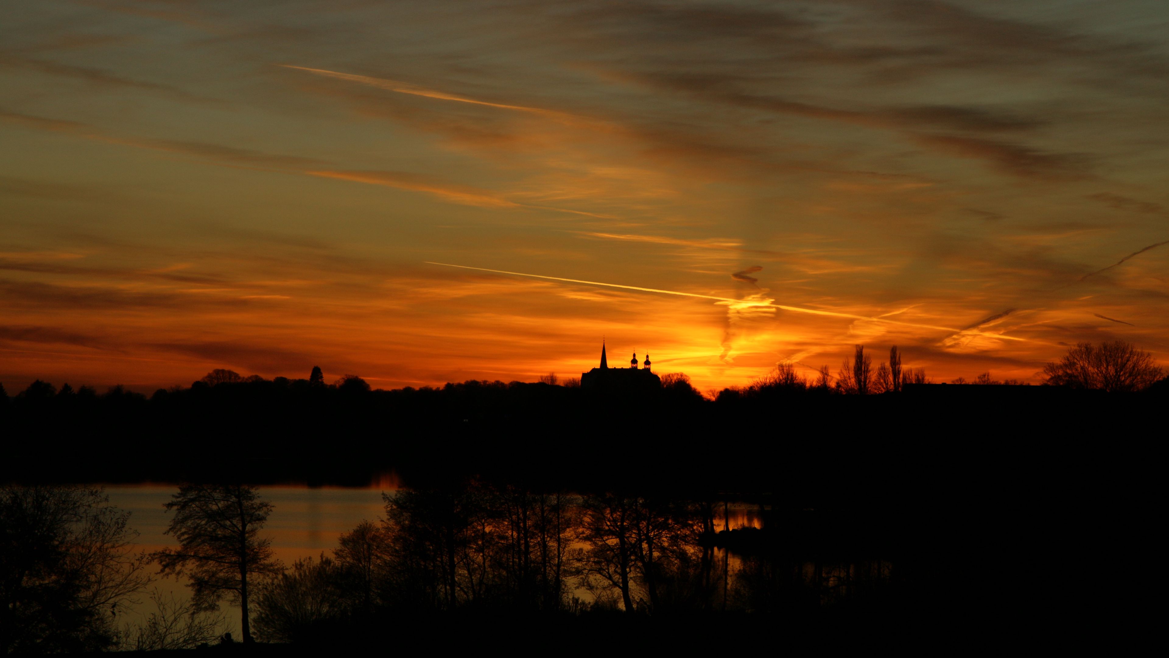 horizon, sunset, castle, silhouette, 4k, HD Wallpaper