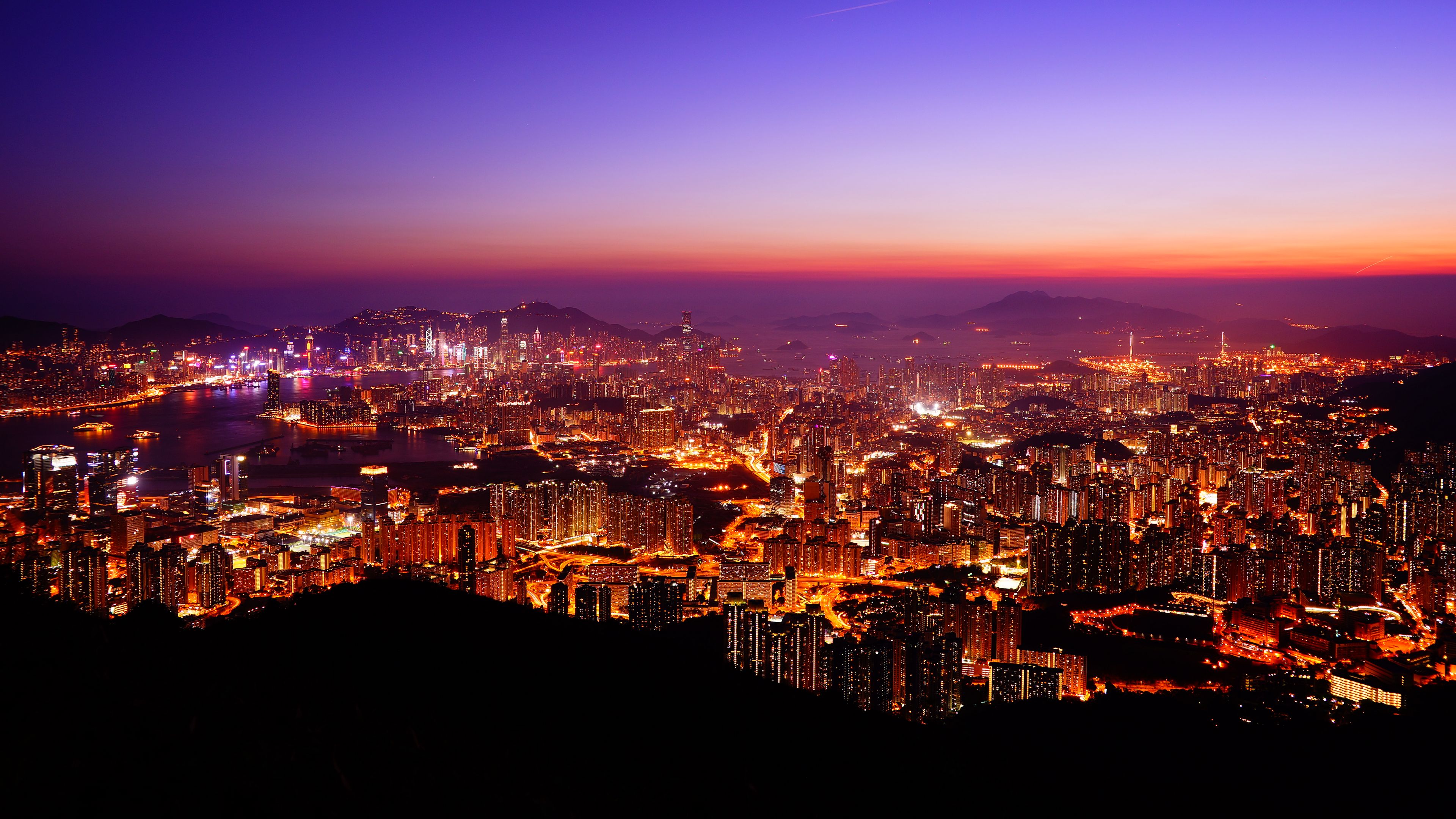 night city, lights, sunset, 4k, HD Wallpaper