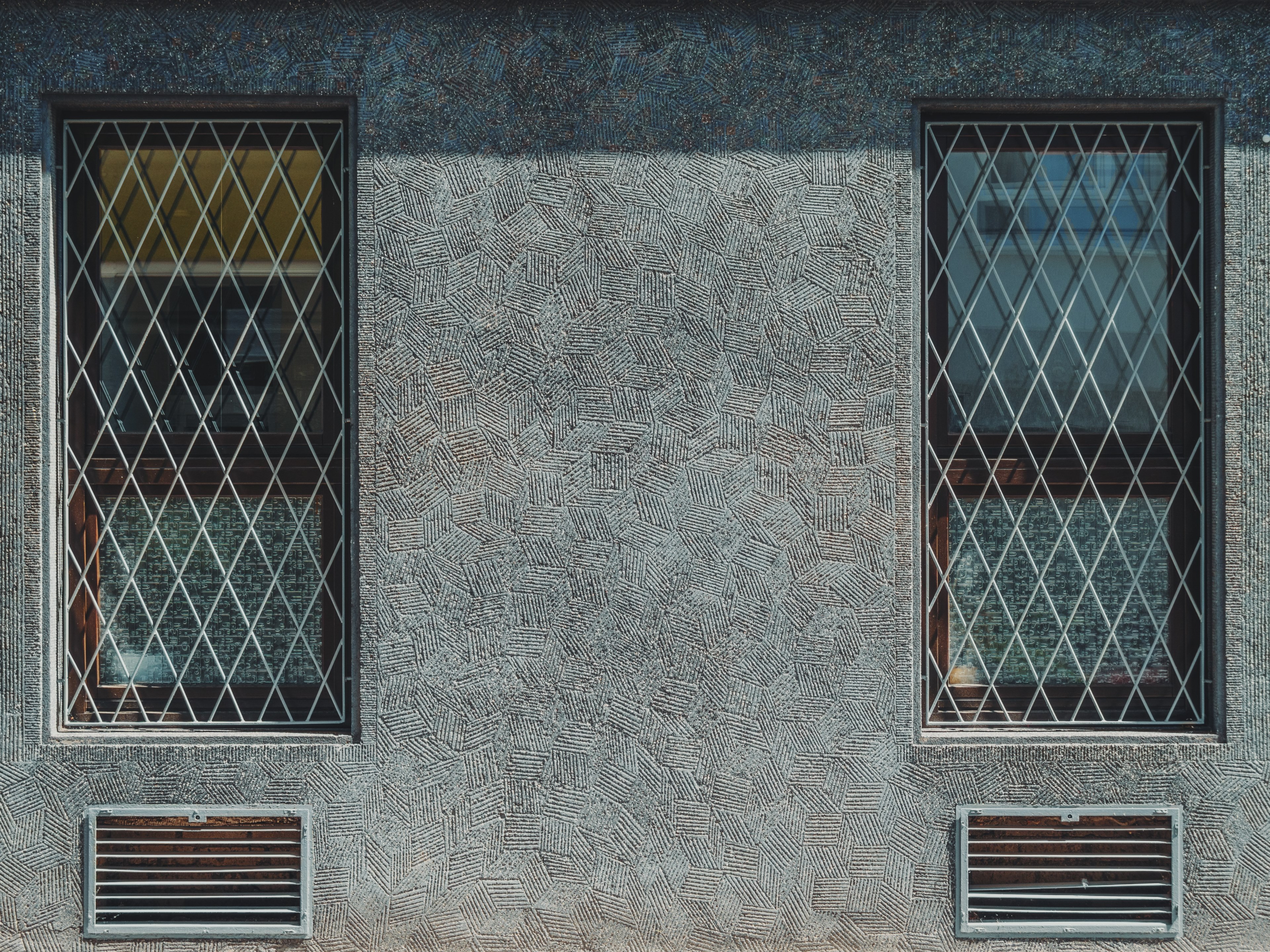 two windows and vents on a patterned facade of a house in cologne, patterned facade 4k, HD Wallpaper
