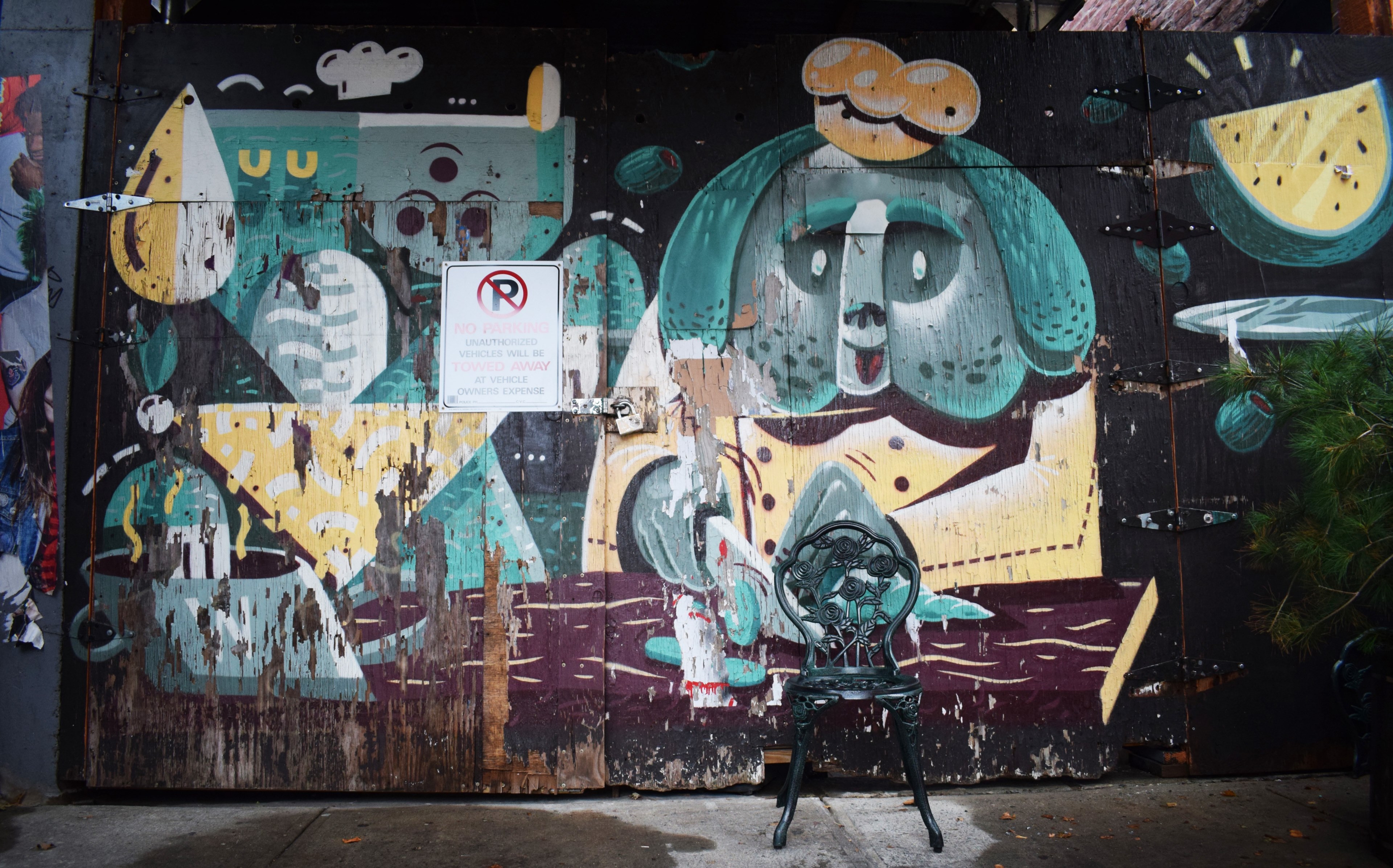 cartoonish colorful graffiti street artwork on wall with dog graphic and single chair on sidewalk, graffiti with single chair 4k, HD Wallpaper