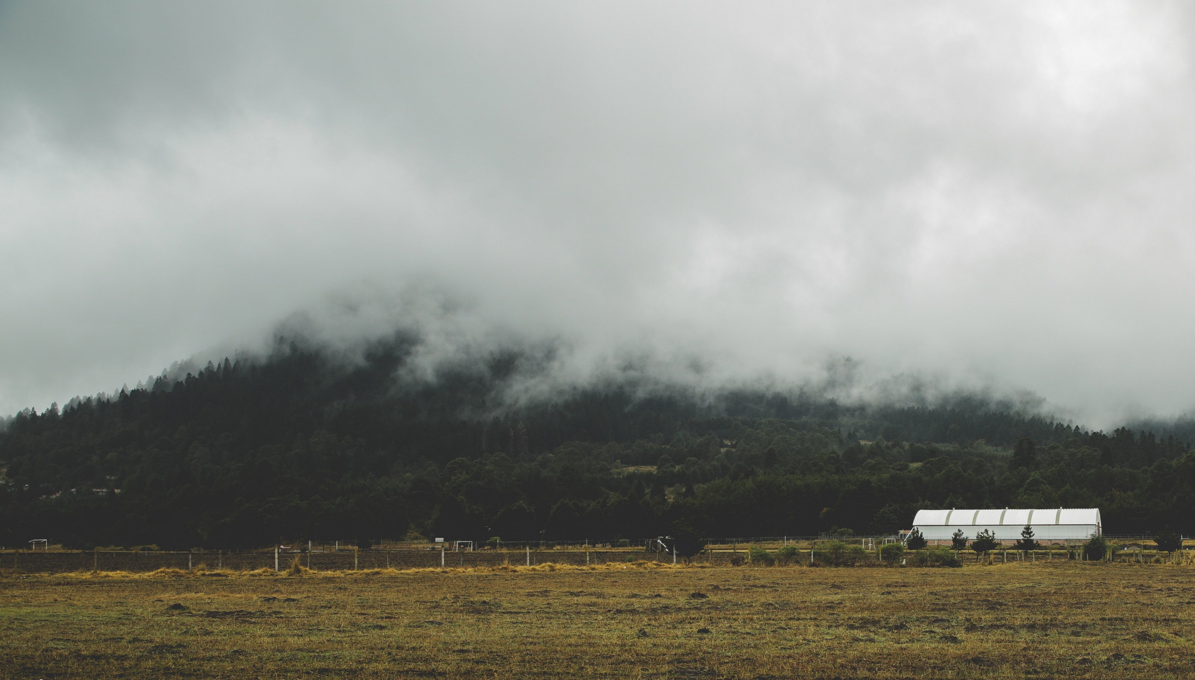 a white building on a field near a fog shrouded hill, field by a misty hill 4k, HD Wallpaper