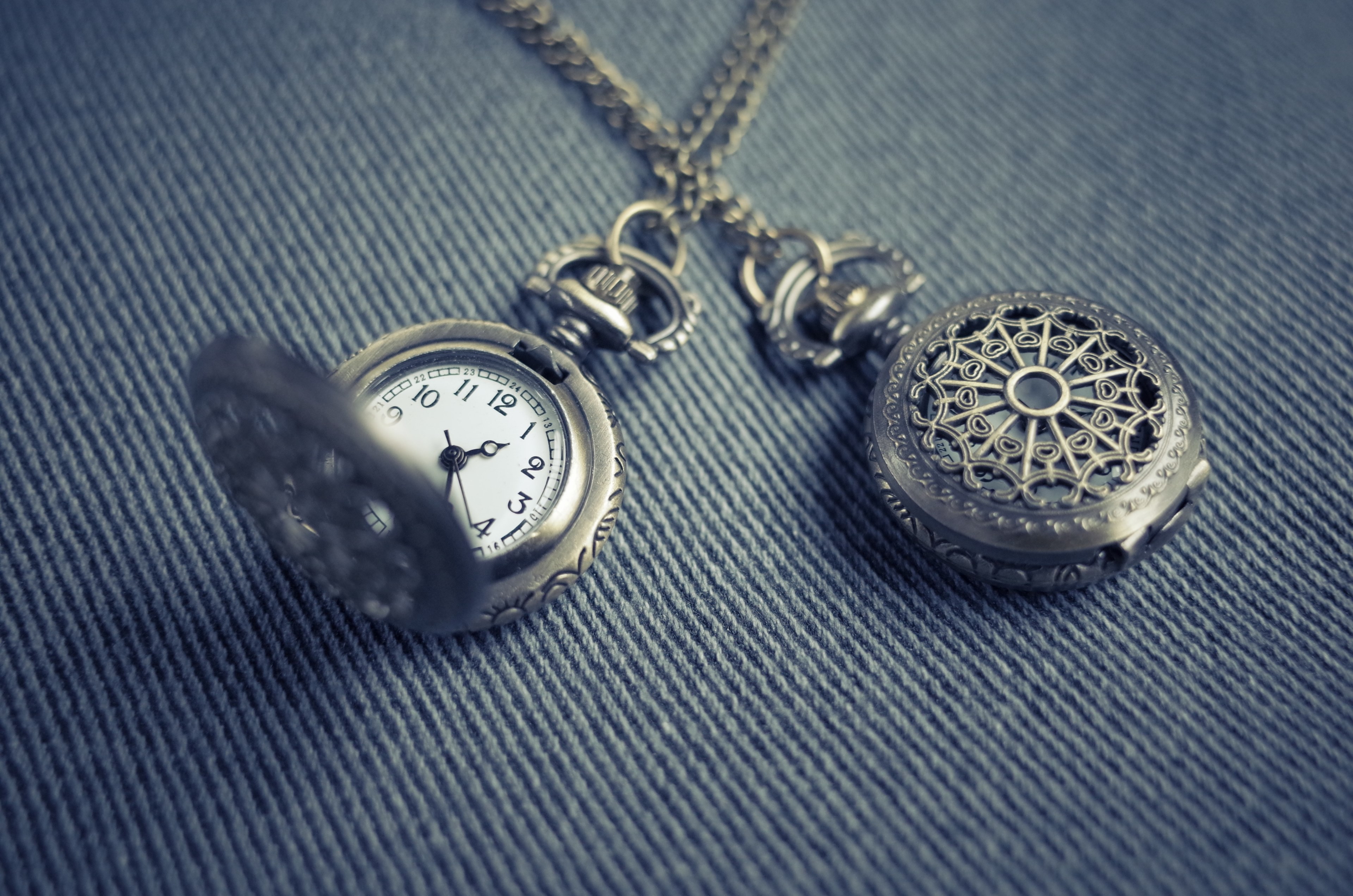 two silver pocket watches crossed over each other one open and one closed, pocket watches 4k, HD Wallpaper