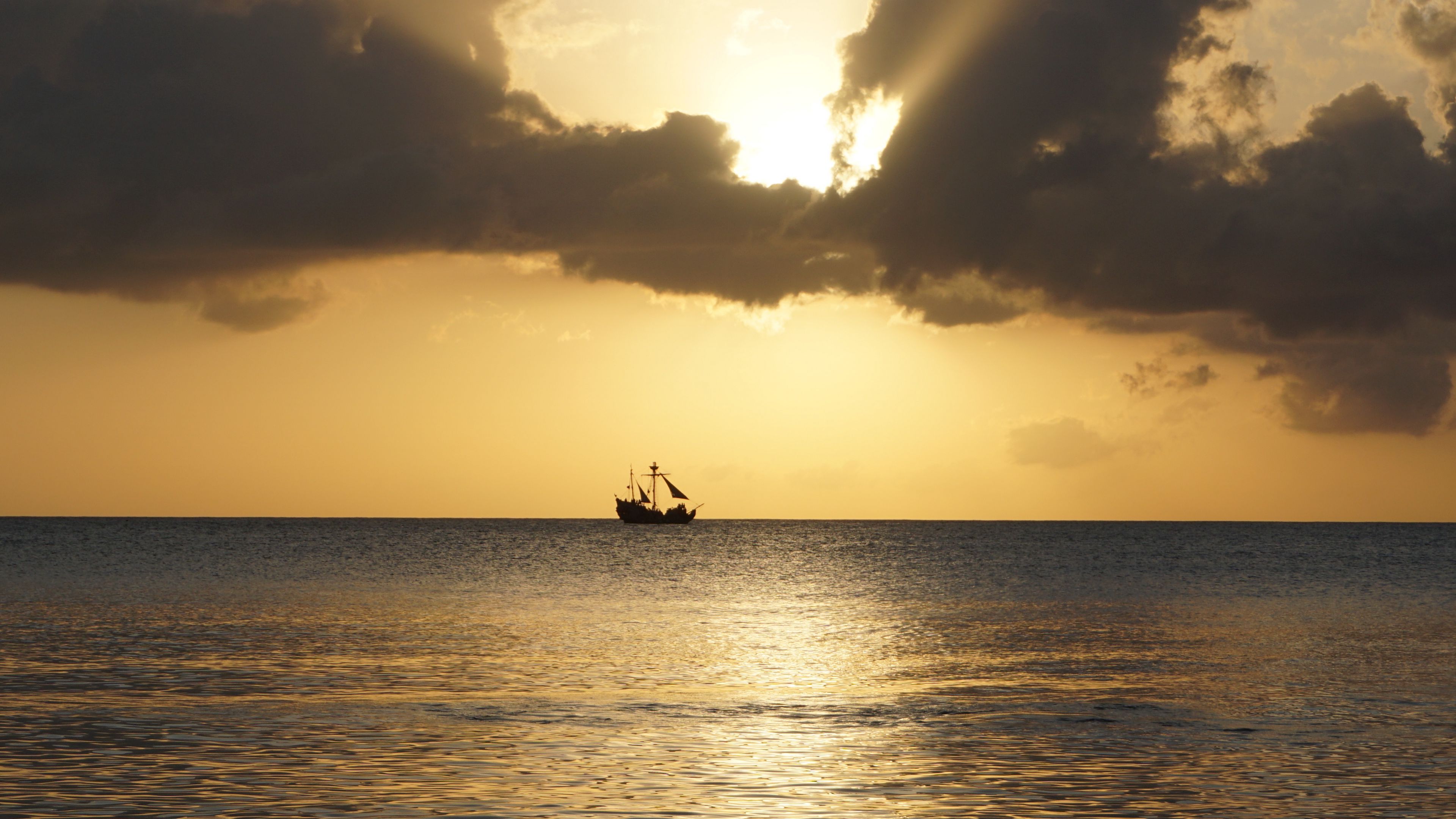 sea, ship, horizon, sunset, 4k, HD Wallpaper