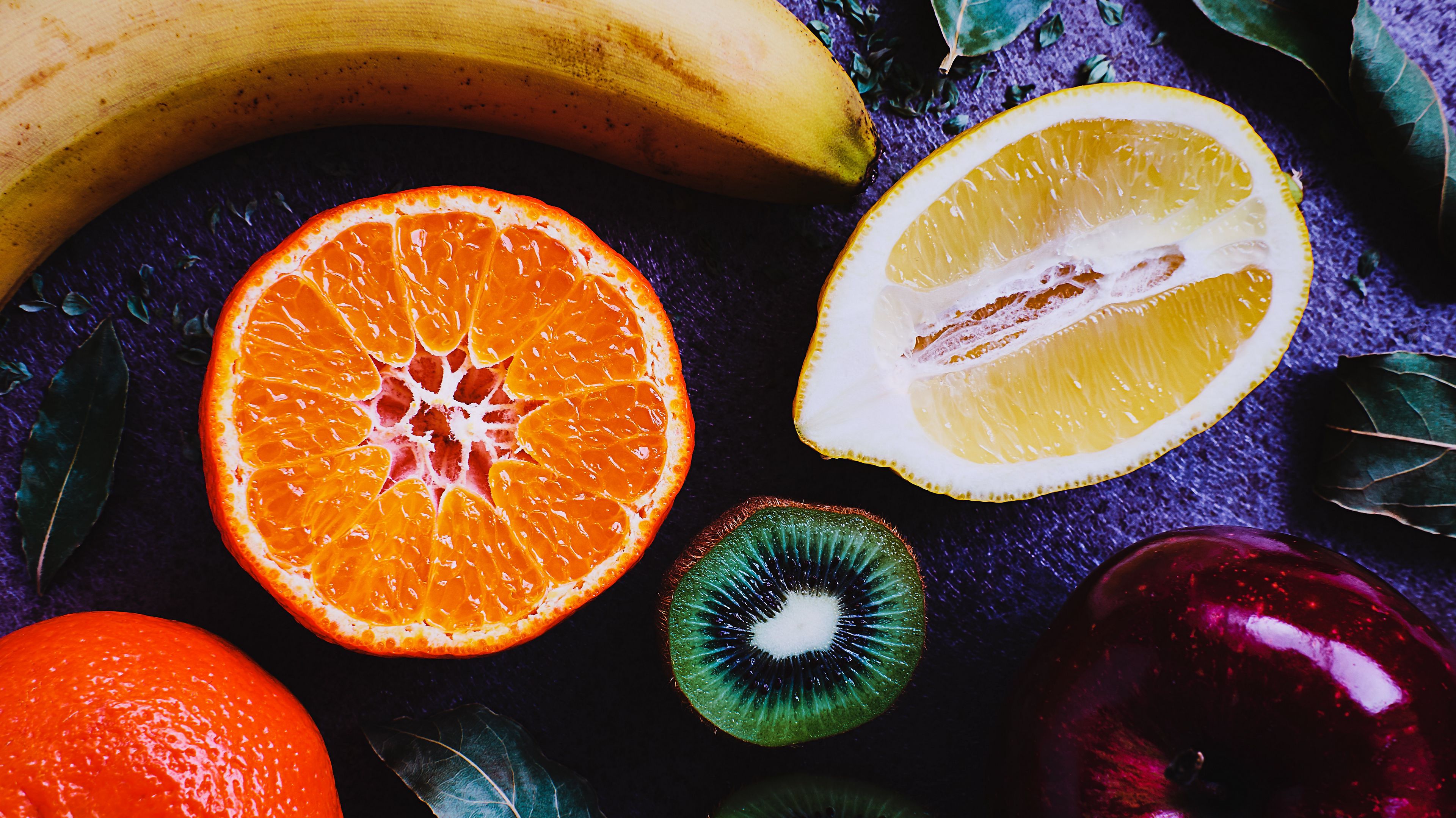 fruit, lemon, orange, kiwi, banana, apple, 4k, HD Wallpaper