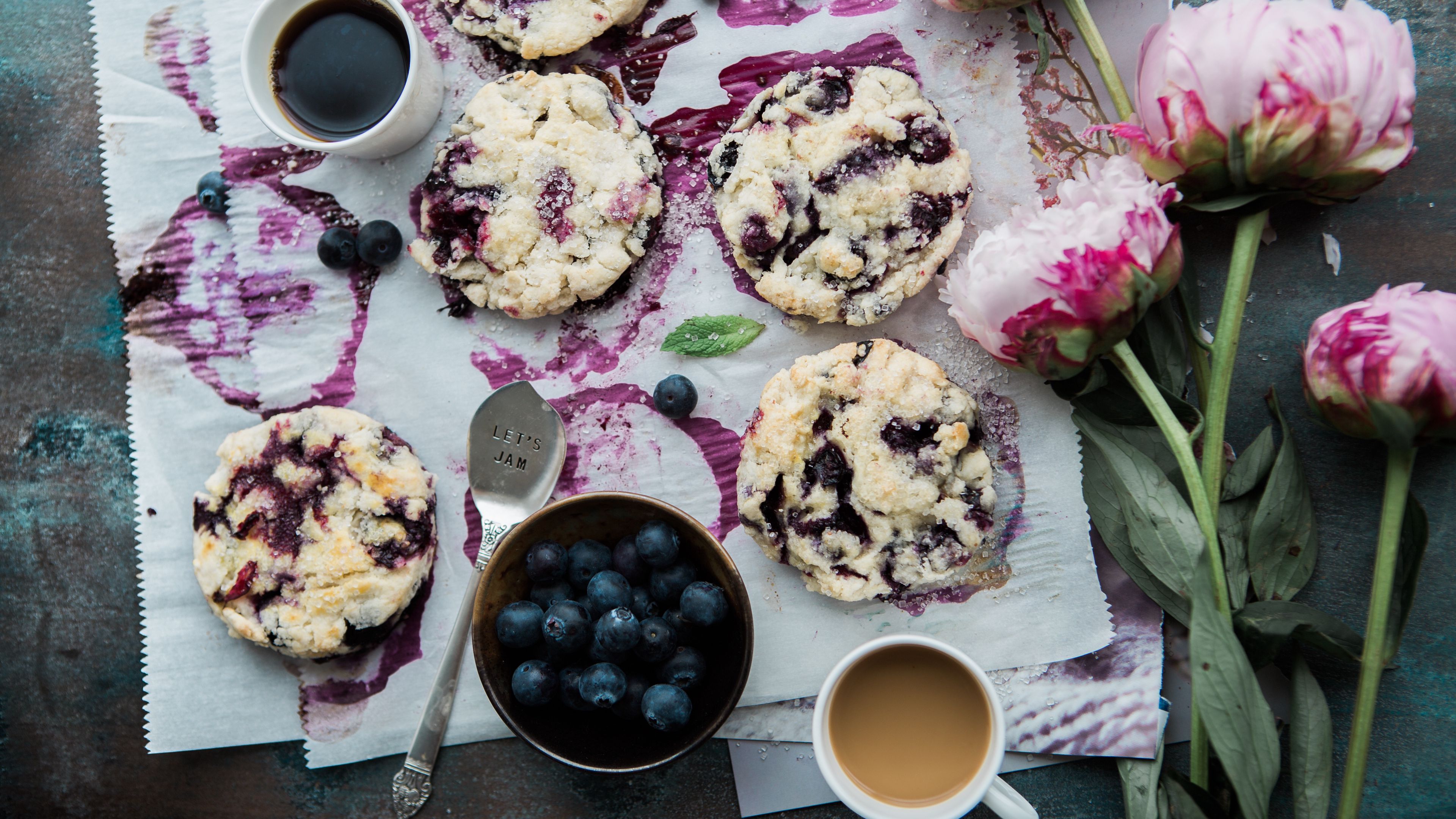 biscuits, pastry, blueberry, coffee, 4k, HD Wallpaper