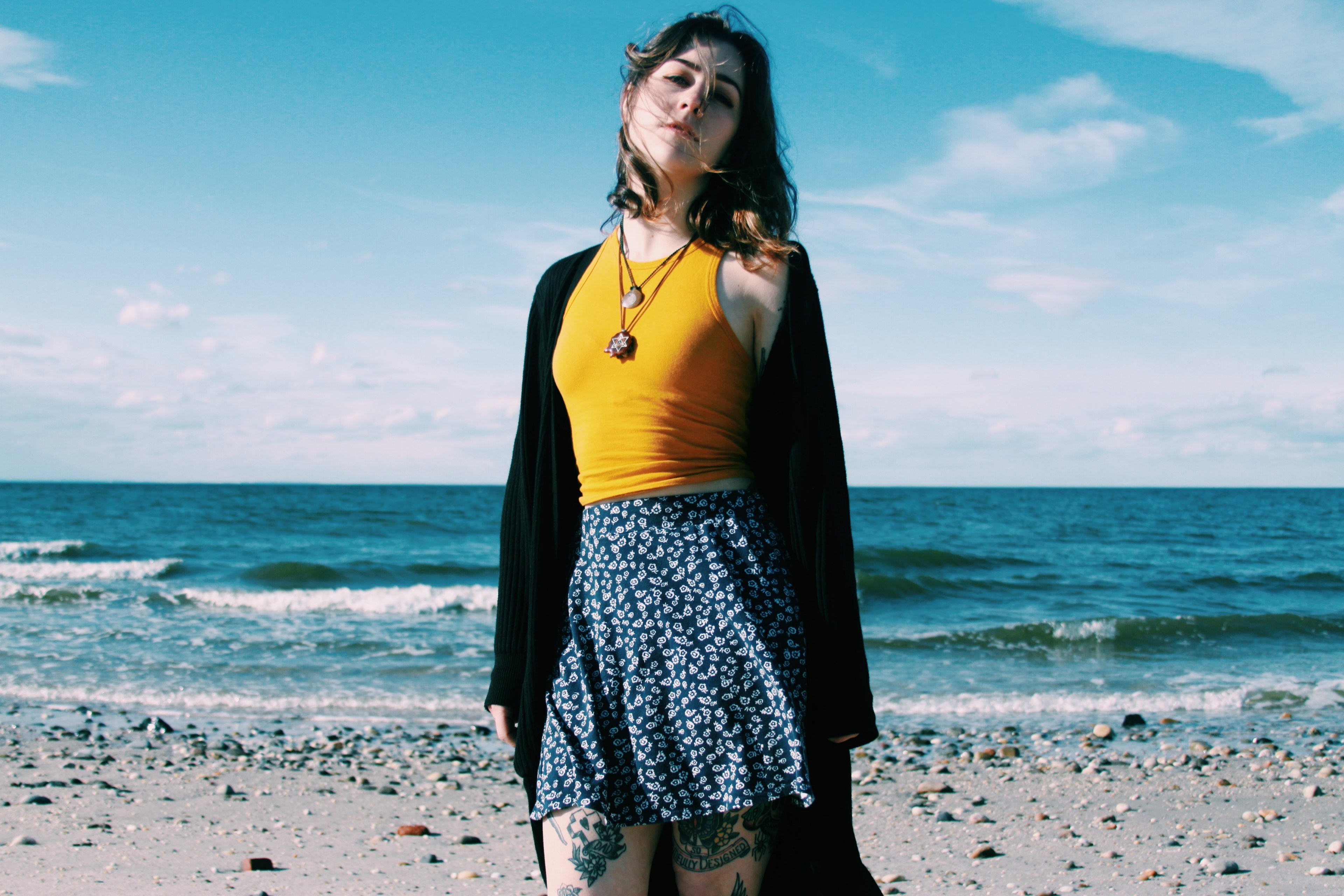 tattooed woman in a skirt posing at the sandy beach, woman in a skirt posing 4k, HD Wallpaper