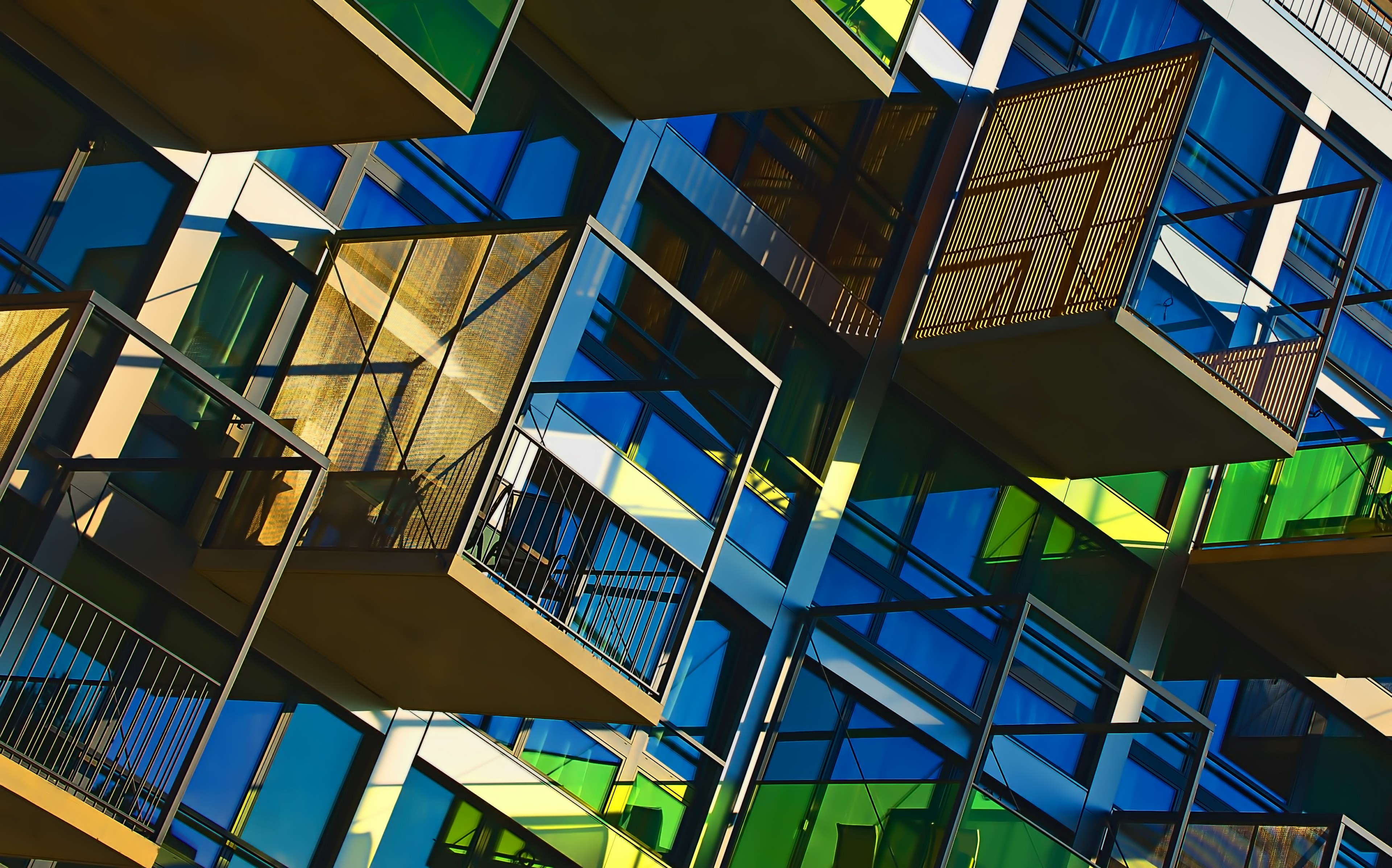 a modern apartment with green and blue windows and extended balconies as seen in zrich, _apartment extended balconies 4k, HD Wallpaper