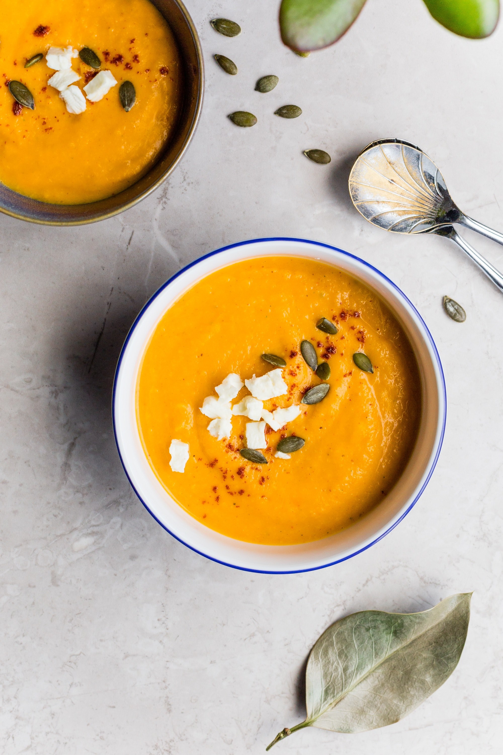 bowls of orange squash soup topped with feta cheese and herbs, autumn soup 4k, Phone HD Wallpaper