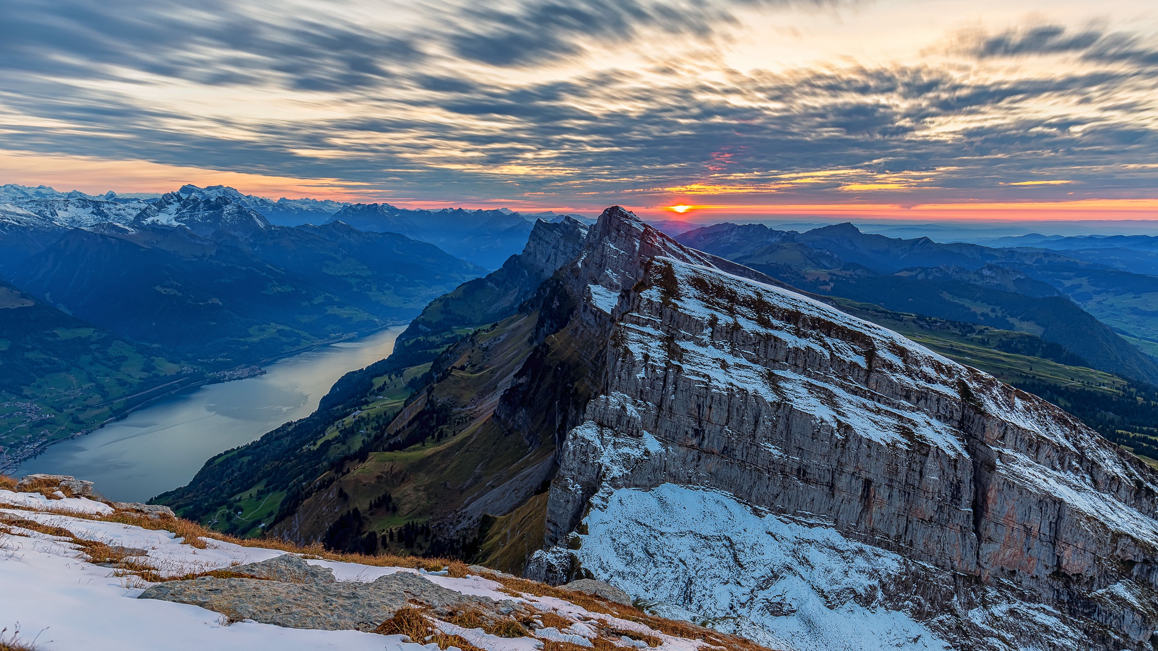 mountains, sun, snow, rocks, 4k, HD Wallpaper