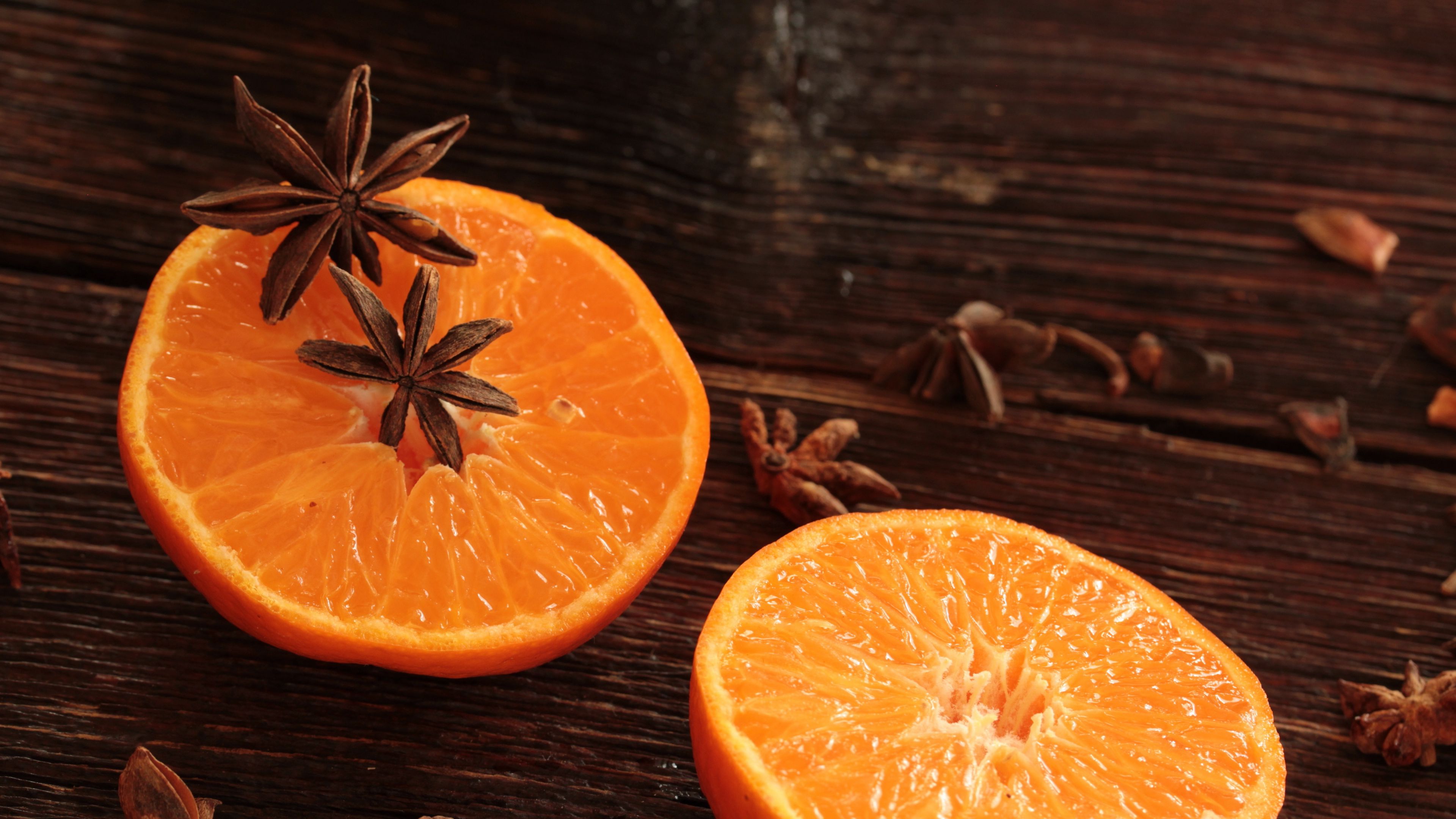 oranges, star anise, spice, citrus, 4k, HD Wallpaper
