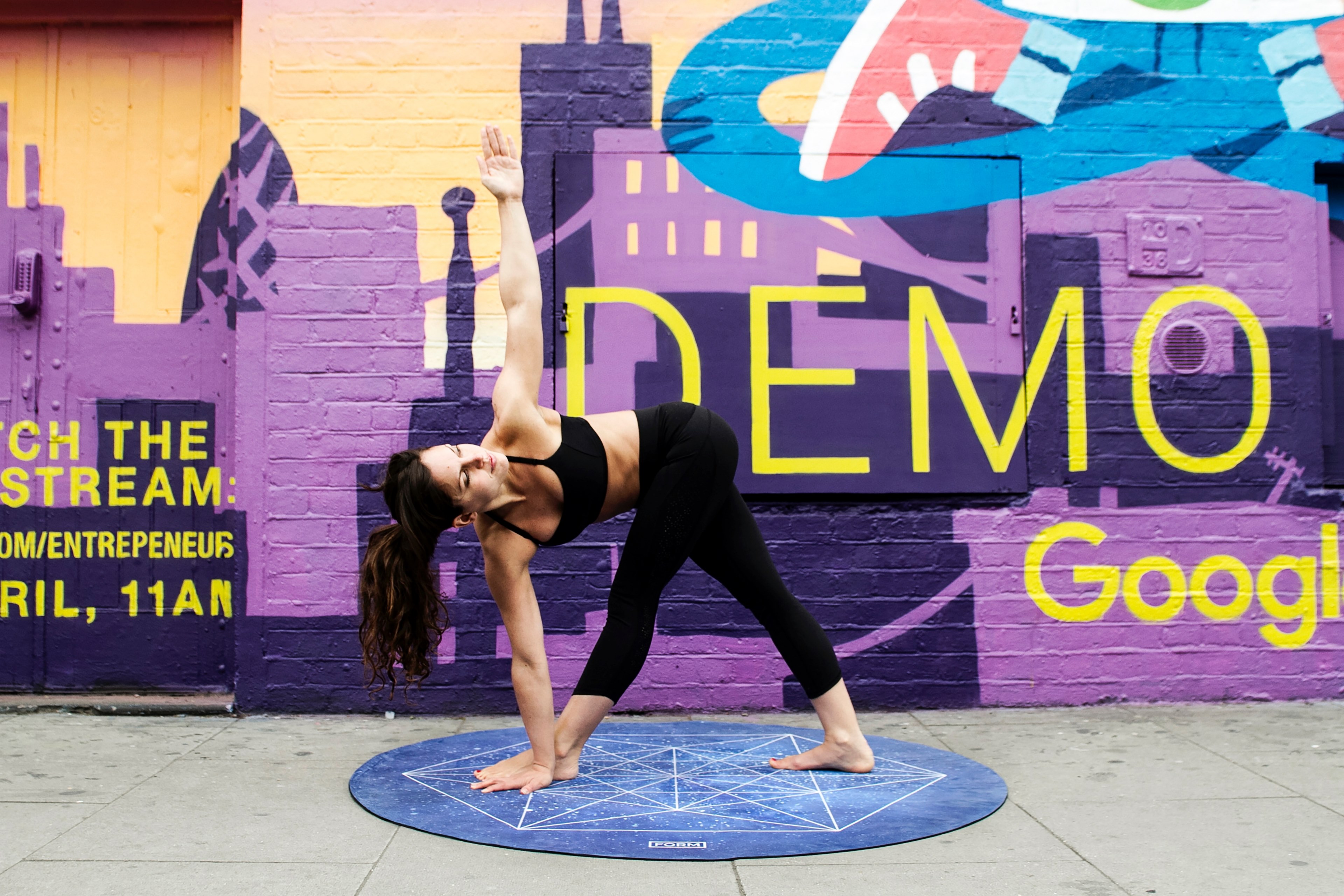 triangle pose on form cosmos yoga mat 4k, HD Wallpaper