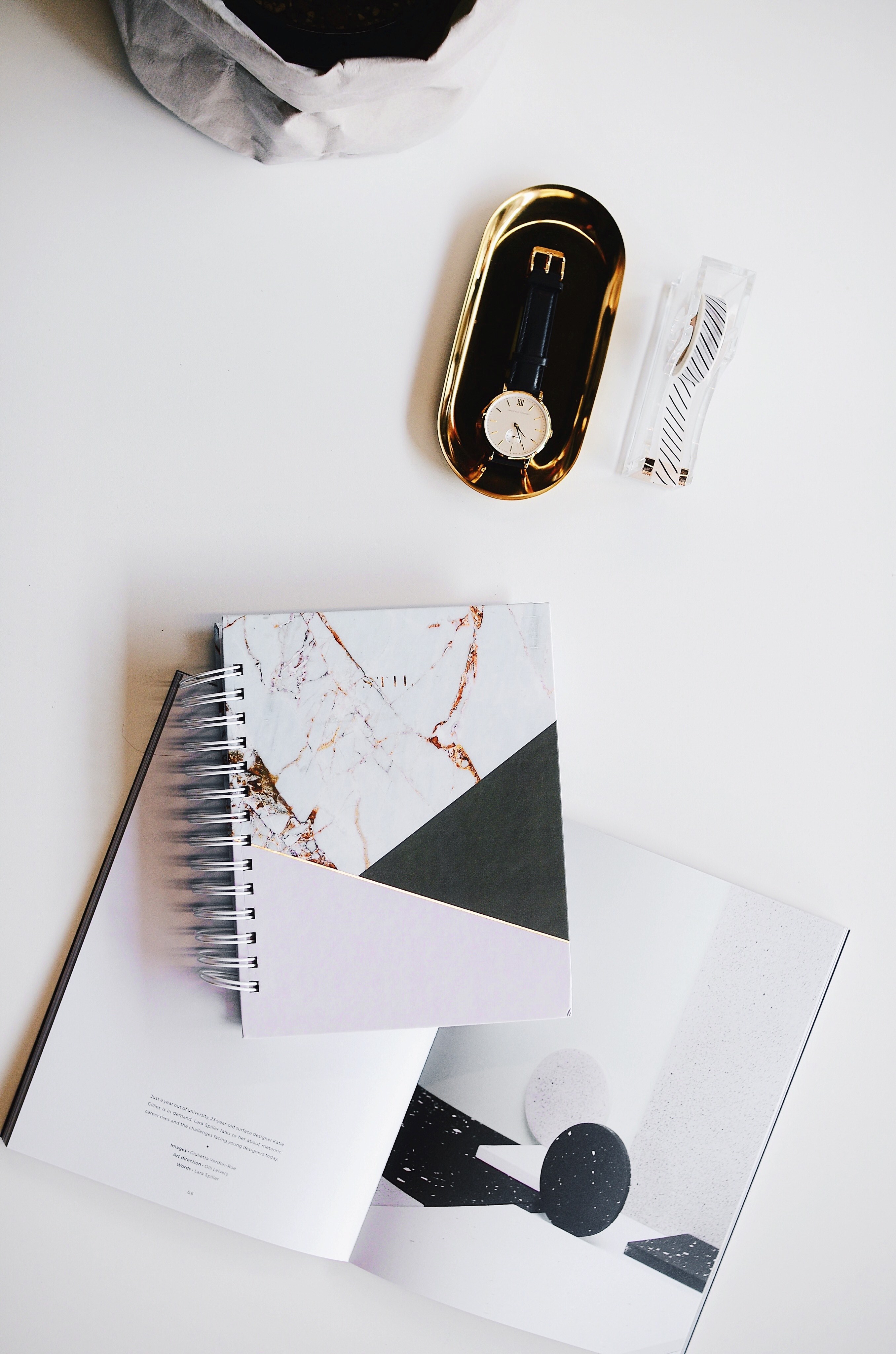 a flatlay of a watch book planner and tape dispenser on a table, planning for the new year 4k, Phone HD Wallpaper