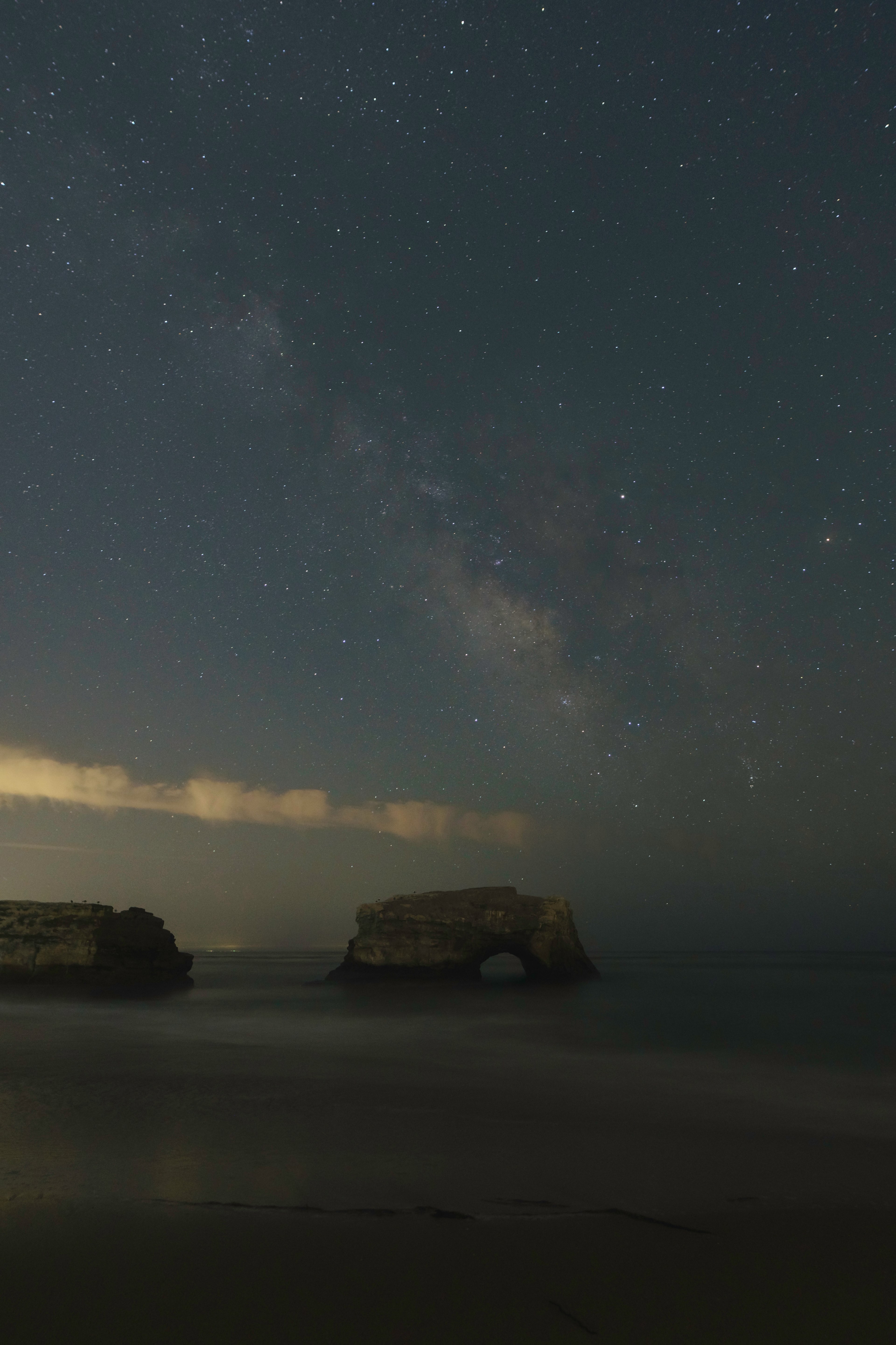 rock formations off the coast under the starry night sky, beach coastal rock formations 4k, Phone HD Wallpaper
