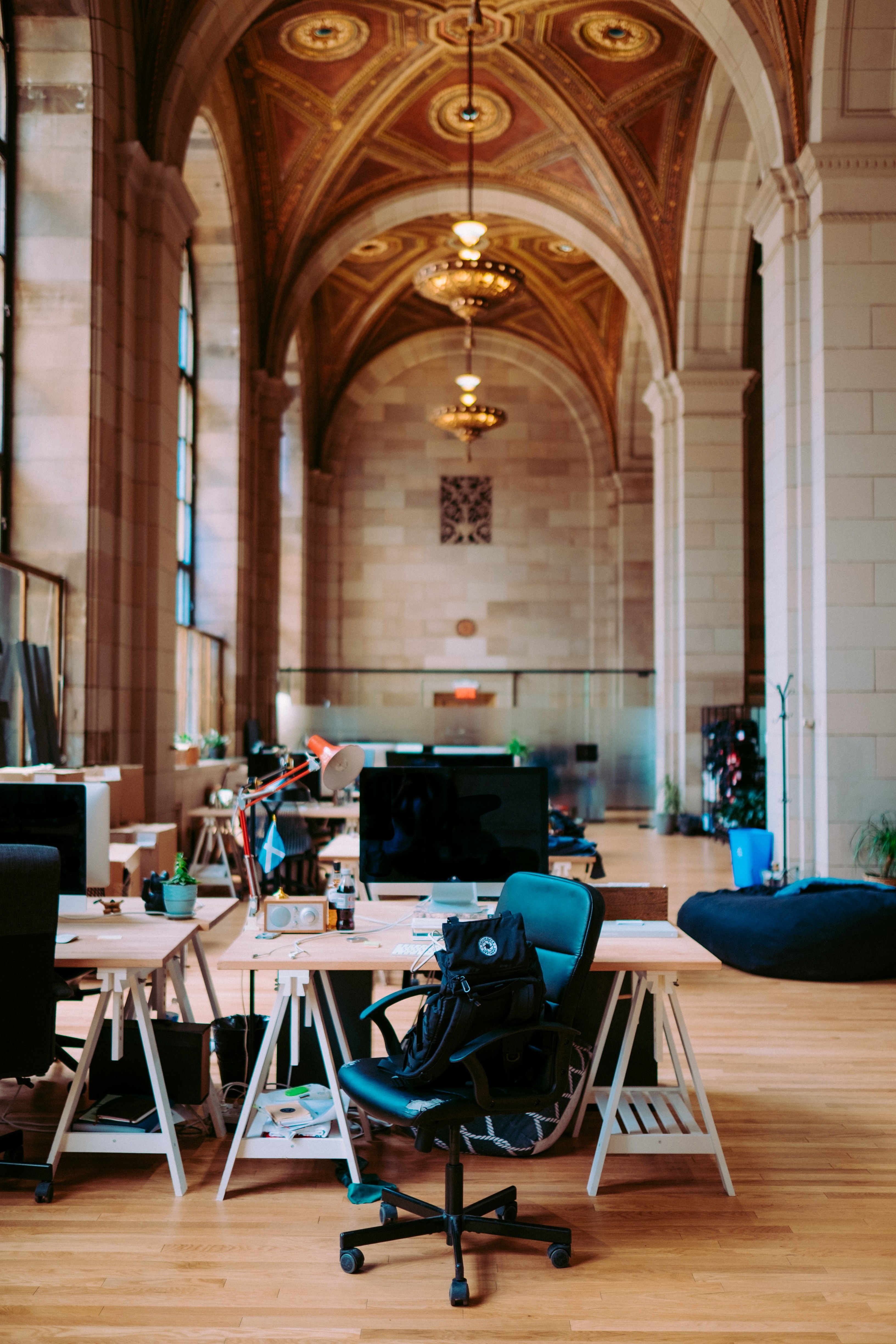 busy office space in a spacious building with ornamental painted ceilings, unsplash hq crew collective amp cafe montreal 4k, Phone HD Wallpaper
