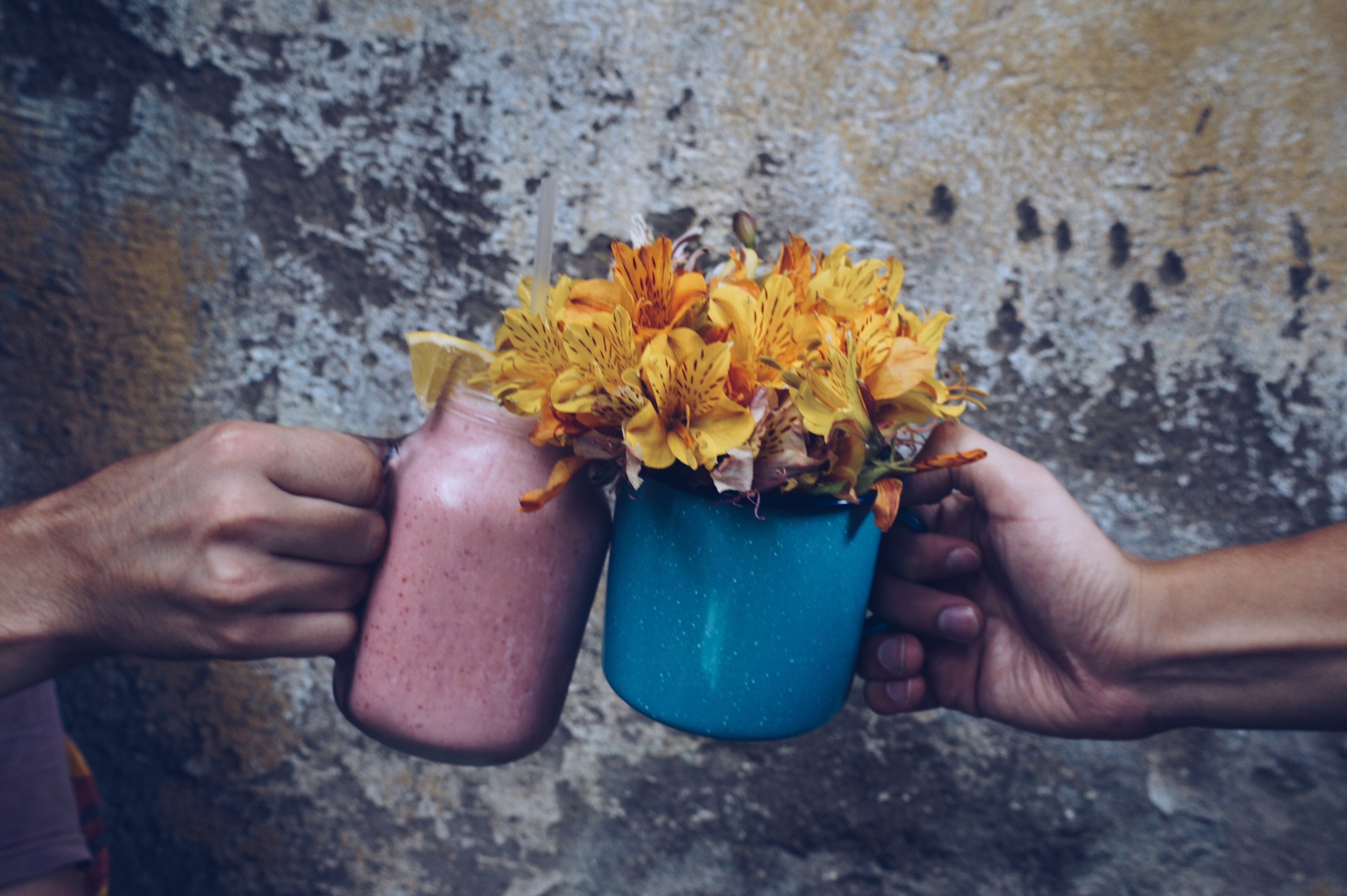 two people clinking mugs with yellow flowers inside them, clinking flower mugs 4k, HD Wallpaper
