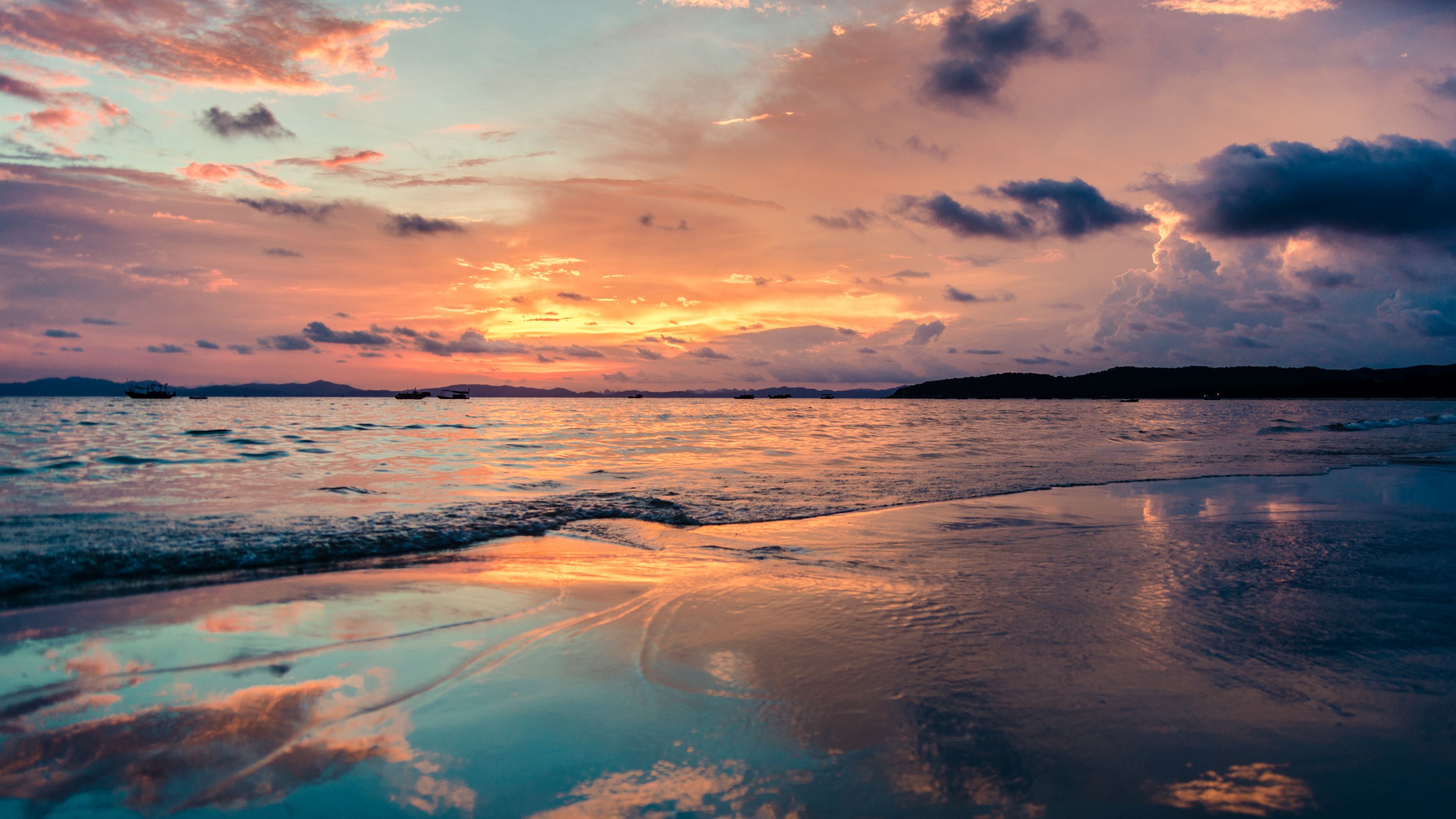 sea, beach, sunset, 4k, HD Wallpaper