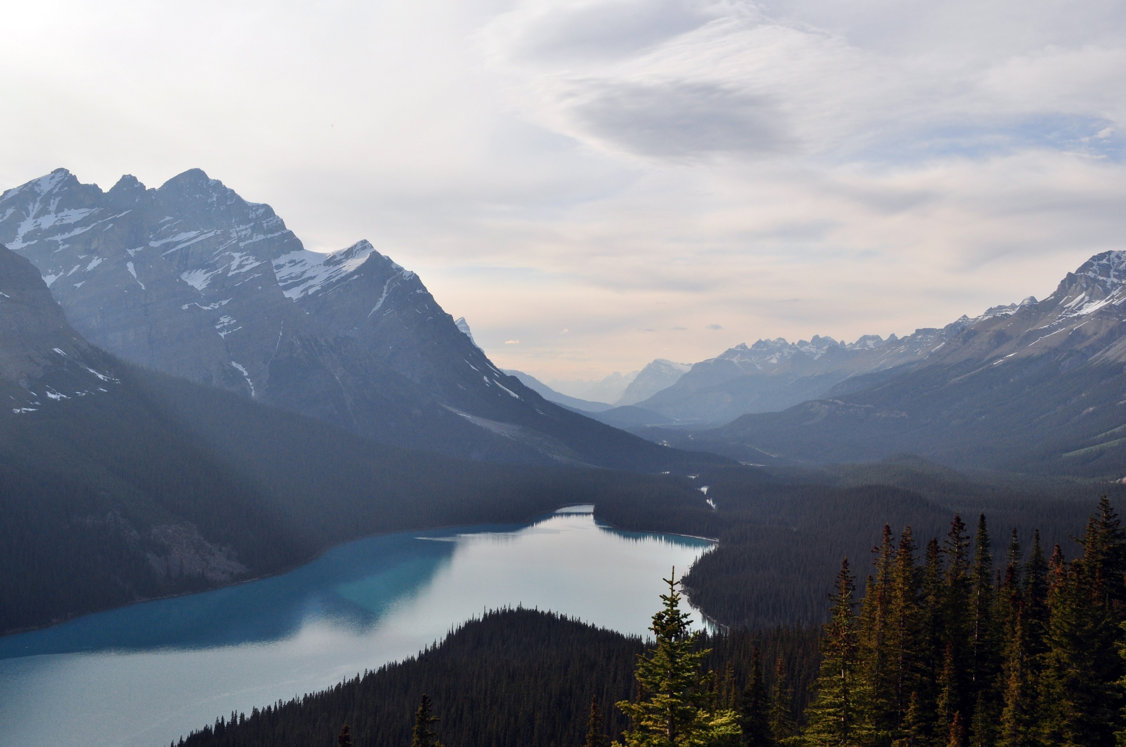 a scenic shot of the trident shaped peyto lake in the canadian rockies, haze over peyto lake 4k, HD Wallpaper