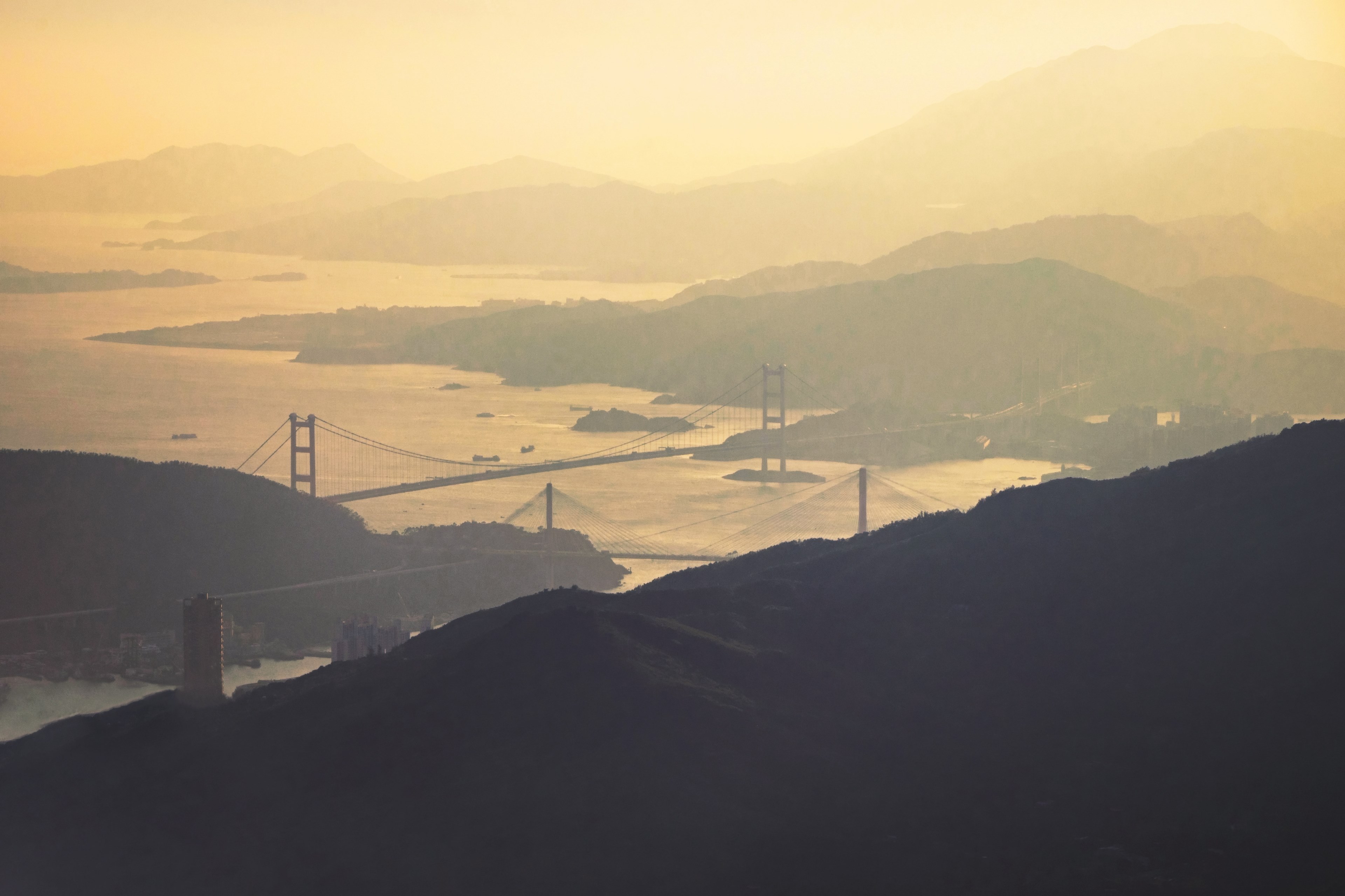 hongkong horizon sunset and bridge 4k, HD Wallpaper