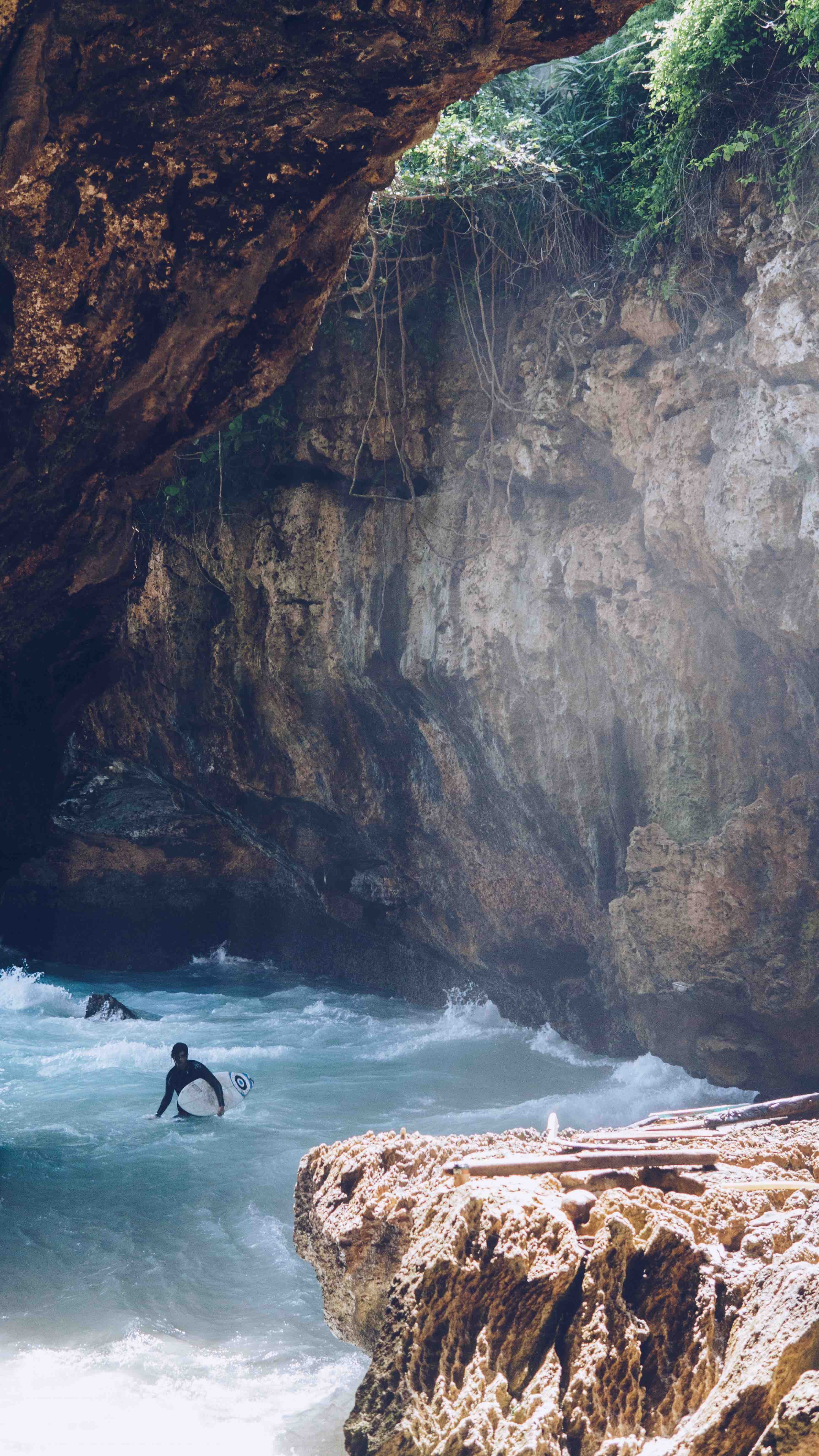 surfer hidden beach and cave hd, 4k, Phone HD Wallpaper