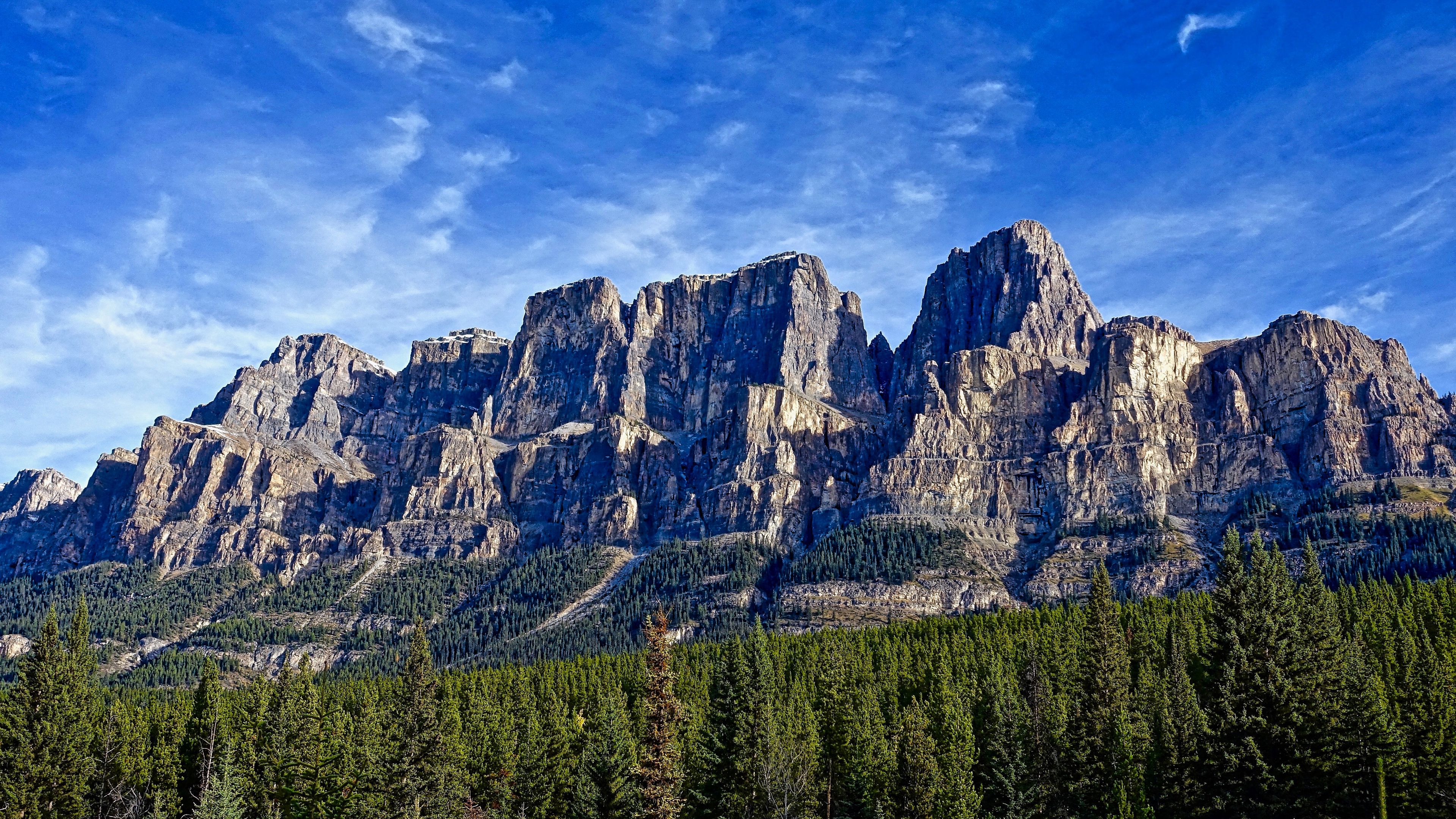 mountains, trees, sky, 4k, HD Wallpaper