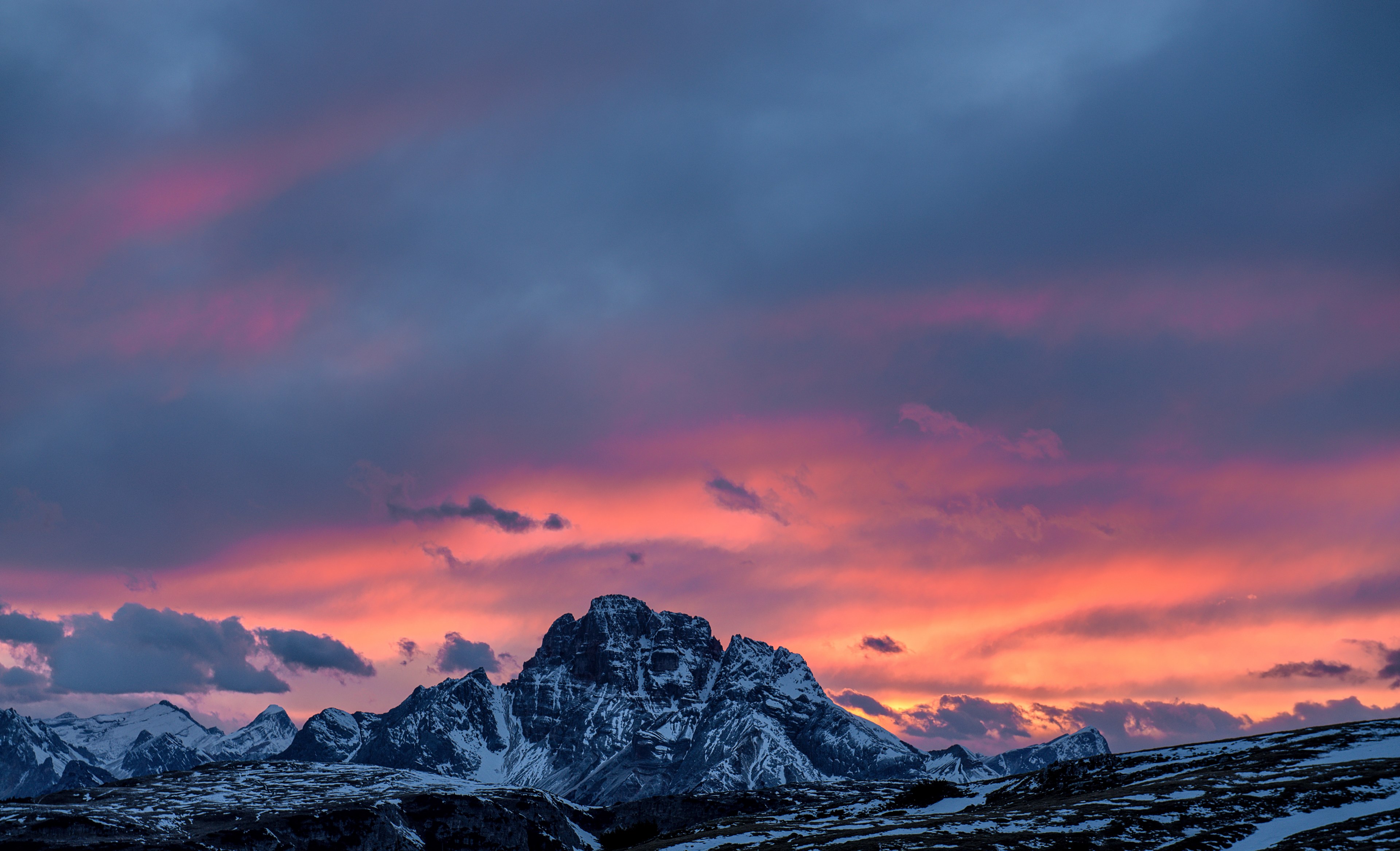 the snow covered dolomites mountain range during dusk or dawn with background of cloudy pink sky, the coldest sunset 4k, HD Wallpaper