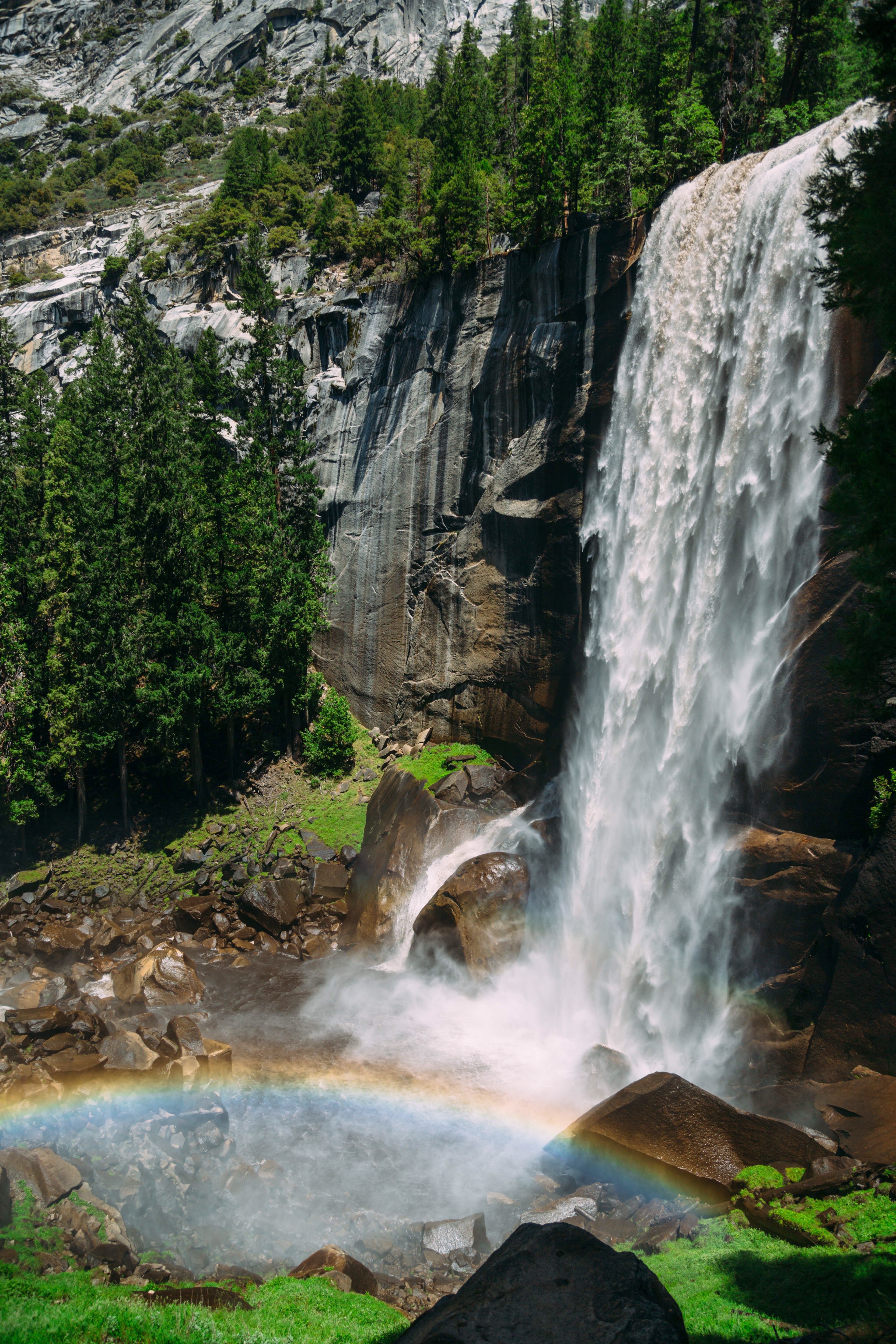 waterfall rainbow cascade and rock hd, 4k, Phone HD Wallpaper