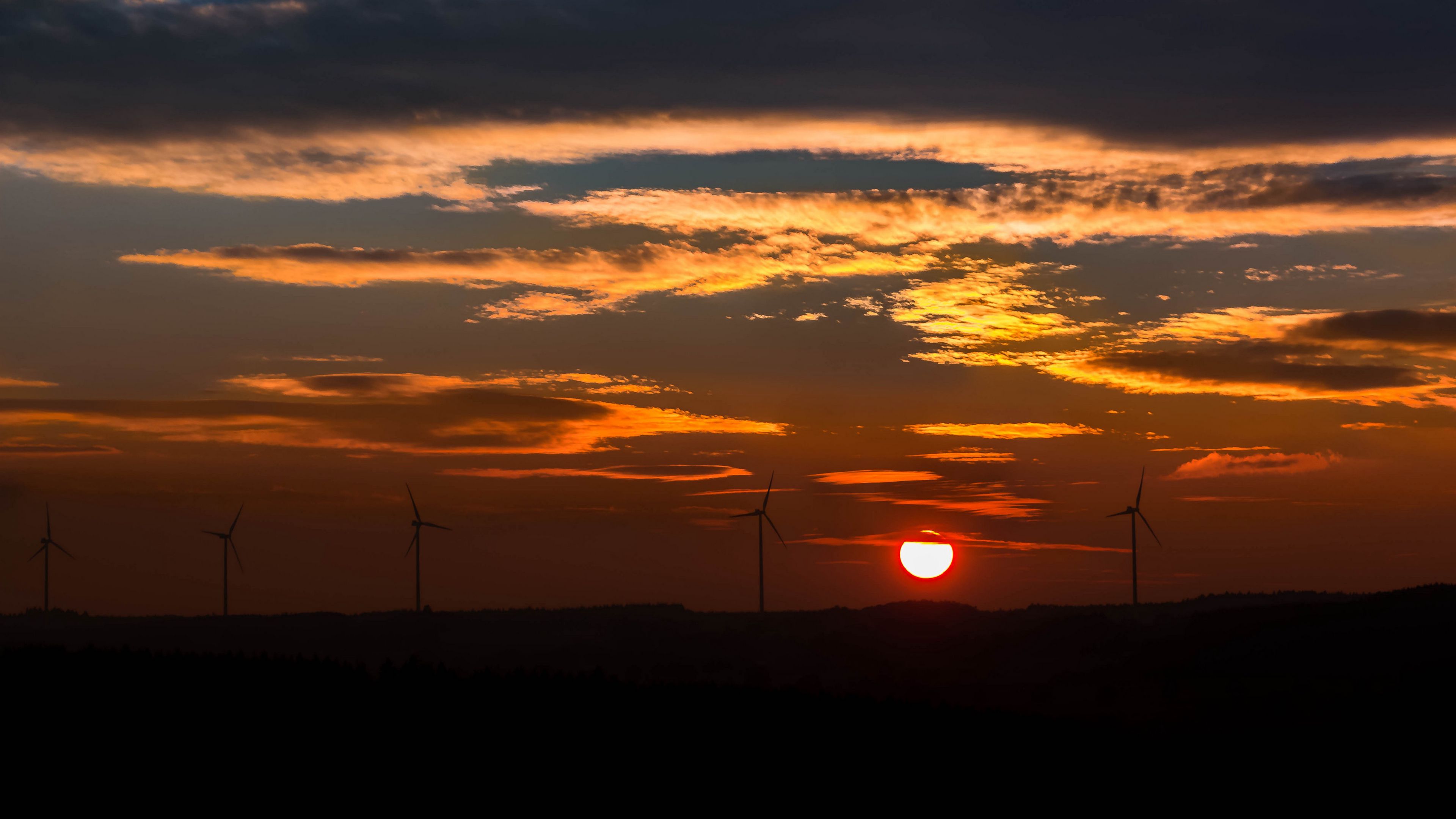 windmills, sunset, sky, 4k, HD Wallpaper