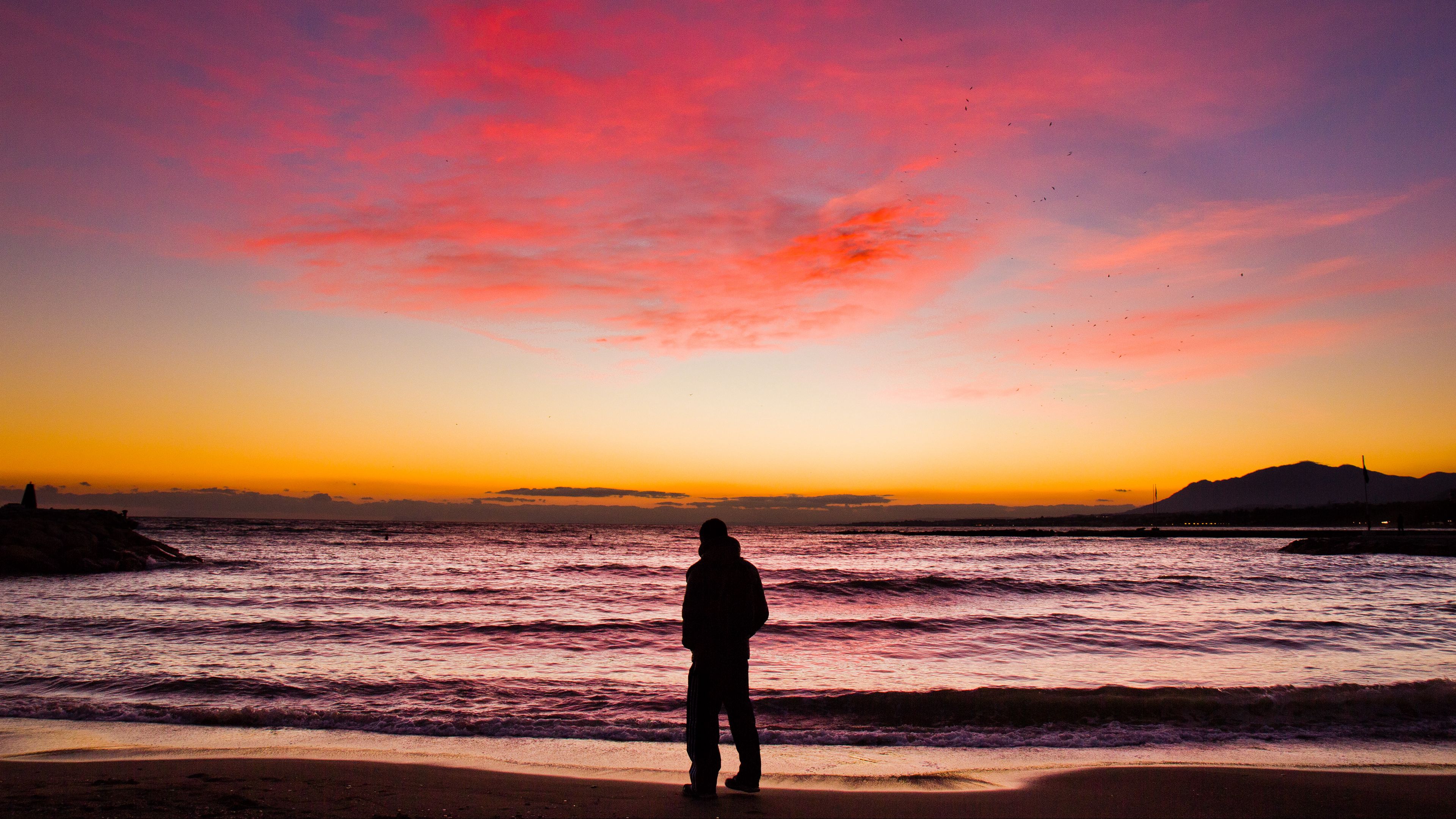 silhouette, sunset, horizon, sea, 4k, HD Wallpaper