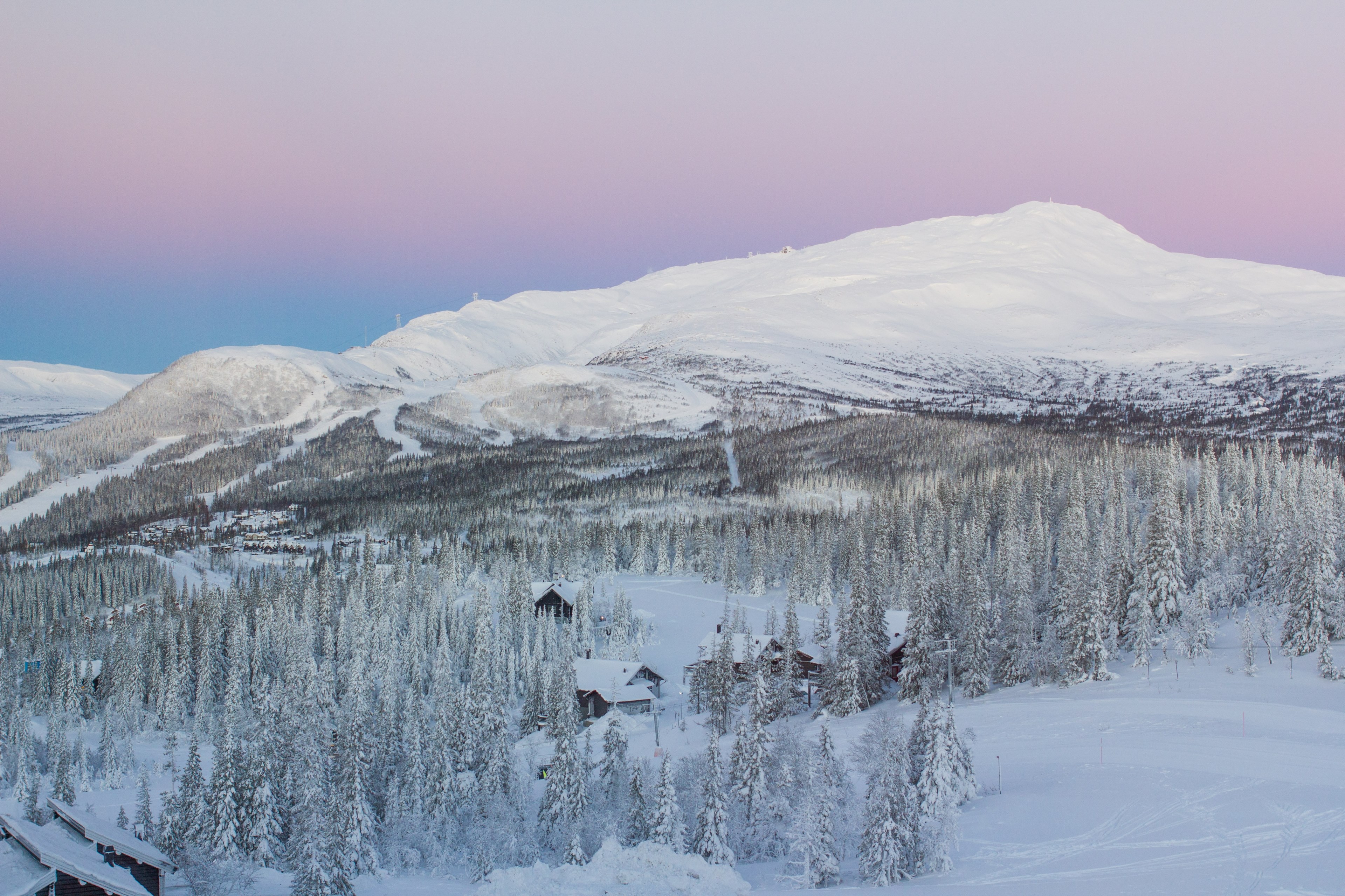 a pink and purple sunrise behind a snow laden mountain and trees near a homestead, cotton candy sunrise on a snowy morning 4k, HD Wallpaper