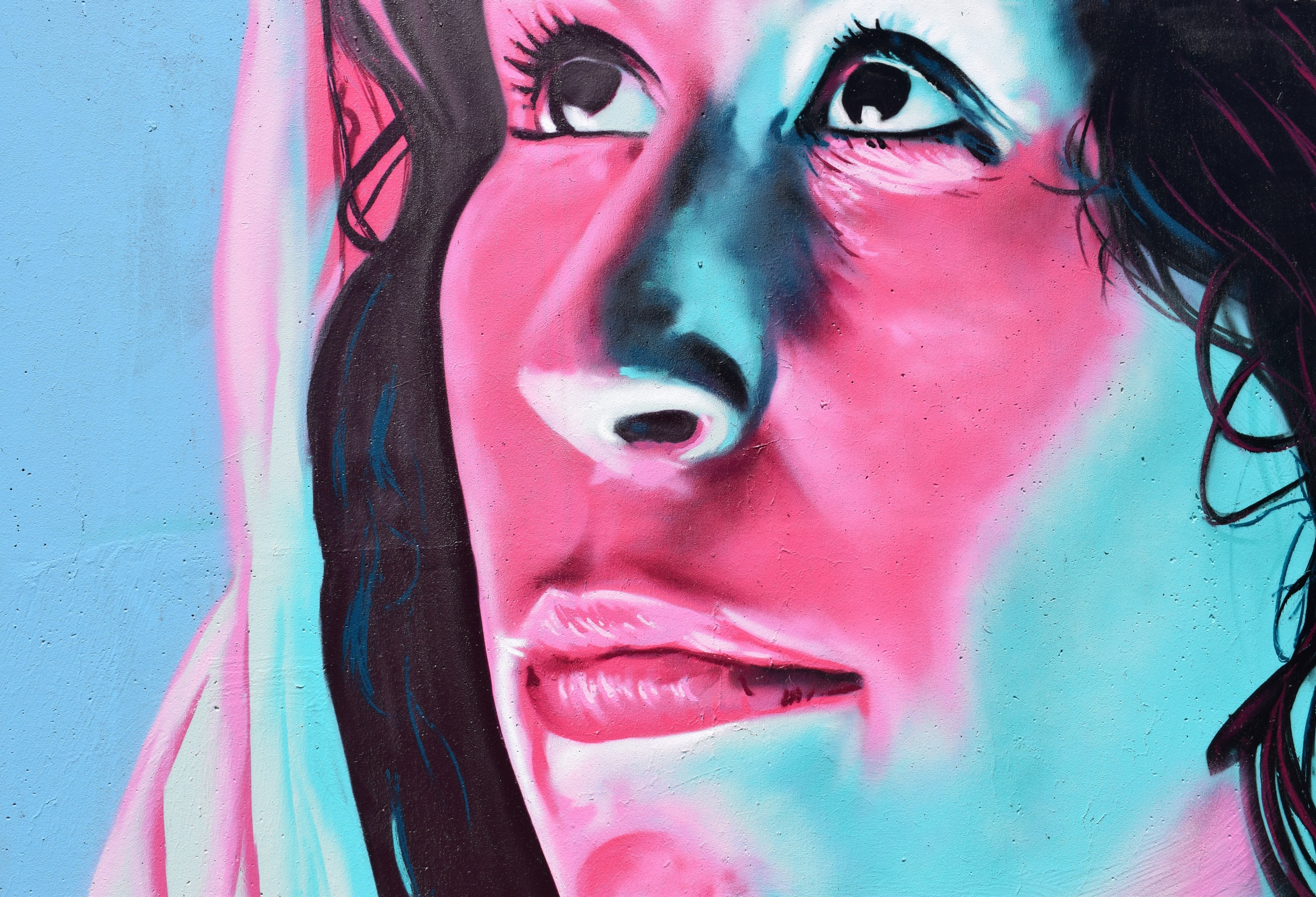 a mural of a womans face in pink blue and black, mural of a woman 4k, HD Wallpaper