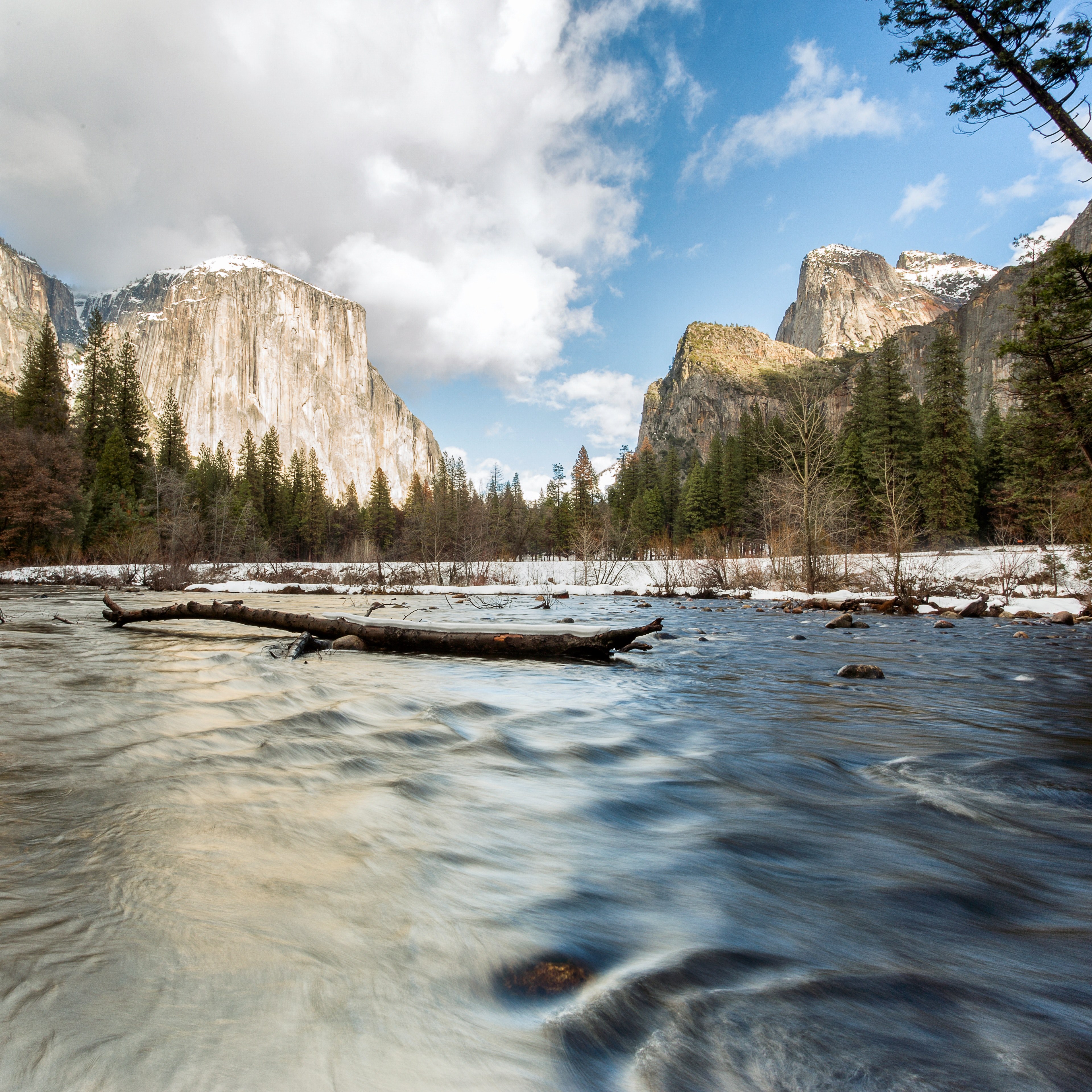 a river flowing through a mountain valley with a tree trunk in the middle, el cap 4k, HD Wallpaper