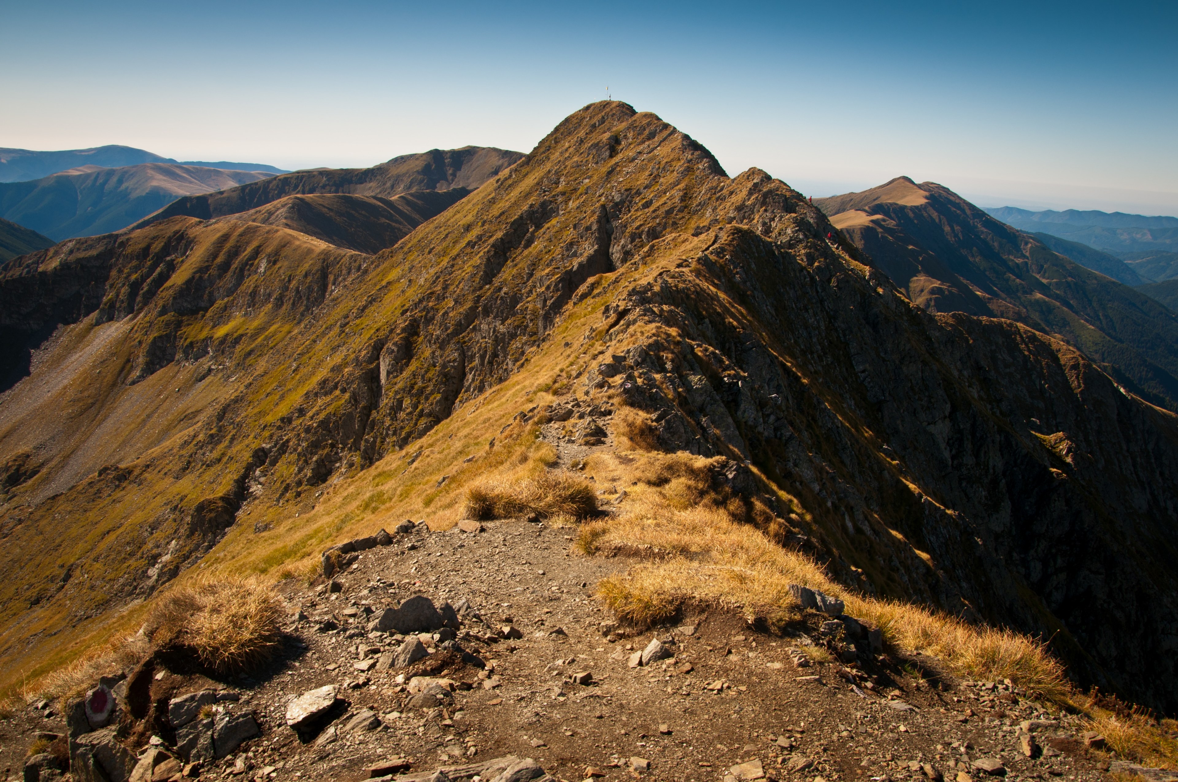 a sharp mountain ridge with moss covered slopes on a sunny day, mossy mountain ridge 4k, HD Wallpaper