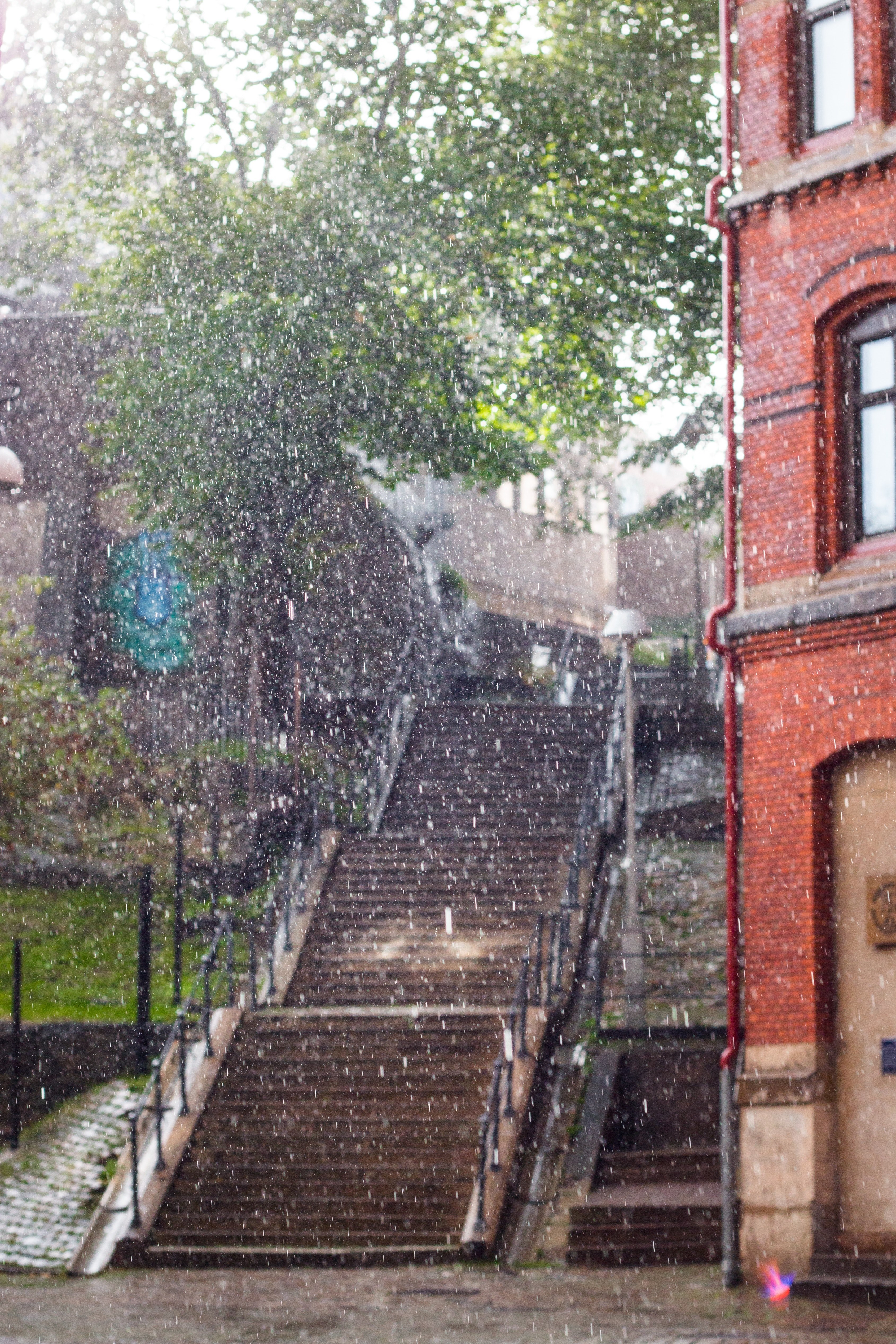 rain staircase wet and brick building hd, 4k, Phone HD Wallpaper
